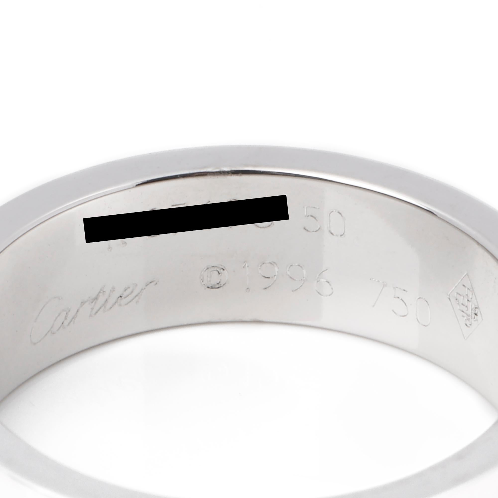 Cartier 18ct White Gold Love Band Ring

Brand Cartier
Model Love Band Ring
Product Type Ring
Serial Number K*****
Age Circa 2006
Accompanied By Cartier Certificate
Material(s) 18ct White Gold
UK Ring Size K
EU Ring Size 50
US Ring Size 5