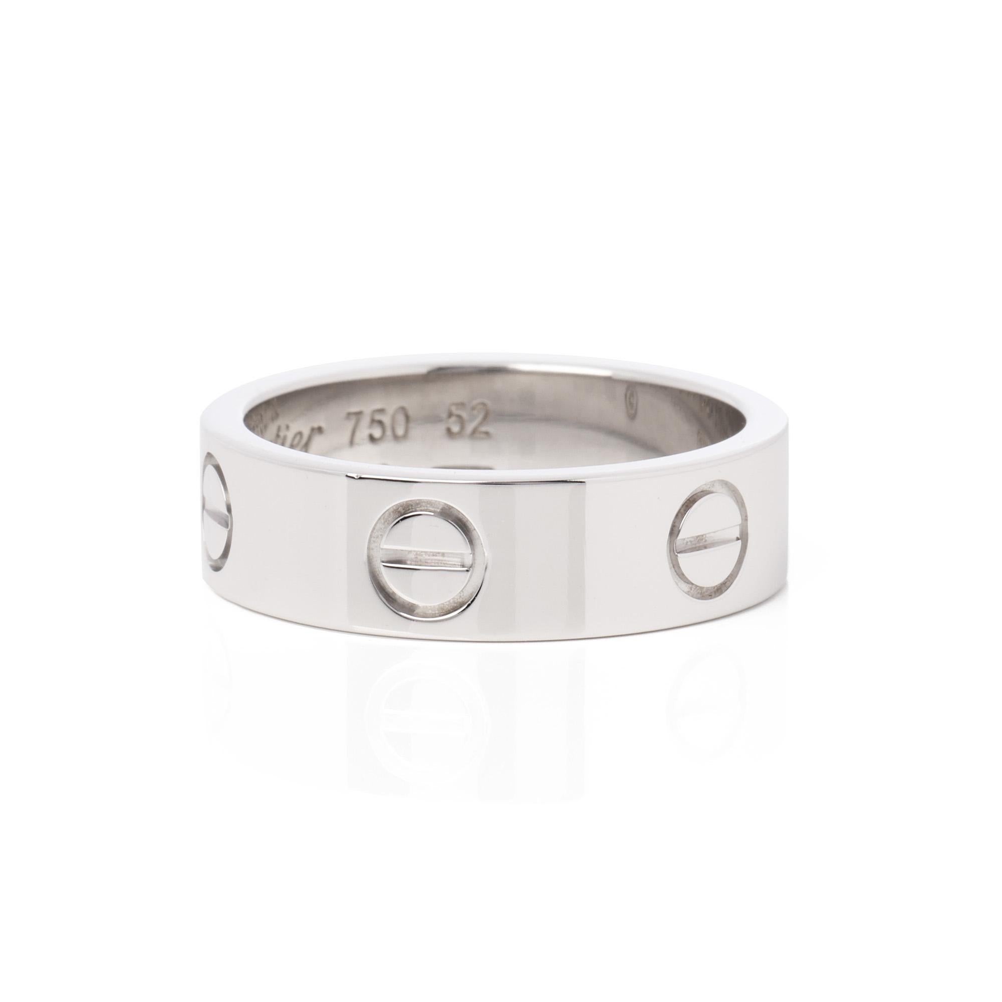 This ring by Cartier is from their Love collection and features their iconic screw detail set in 18ct white gold. Complete with a Xupes presentation box. UK ring size L 1/2. EU ring size 52. US ring size 6 1/2. Our reference is J558 should you need