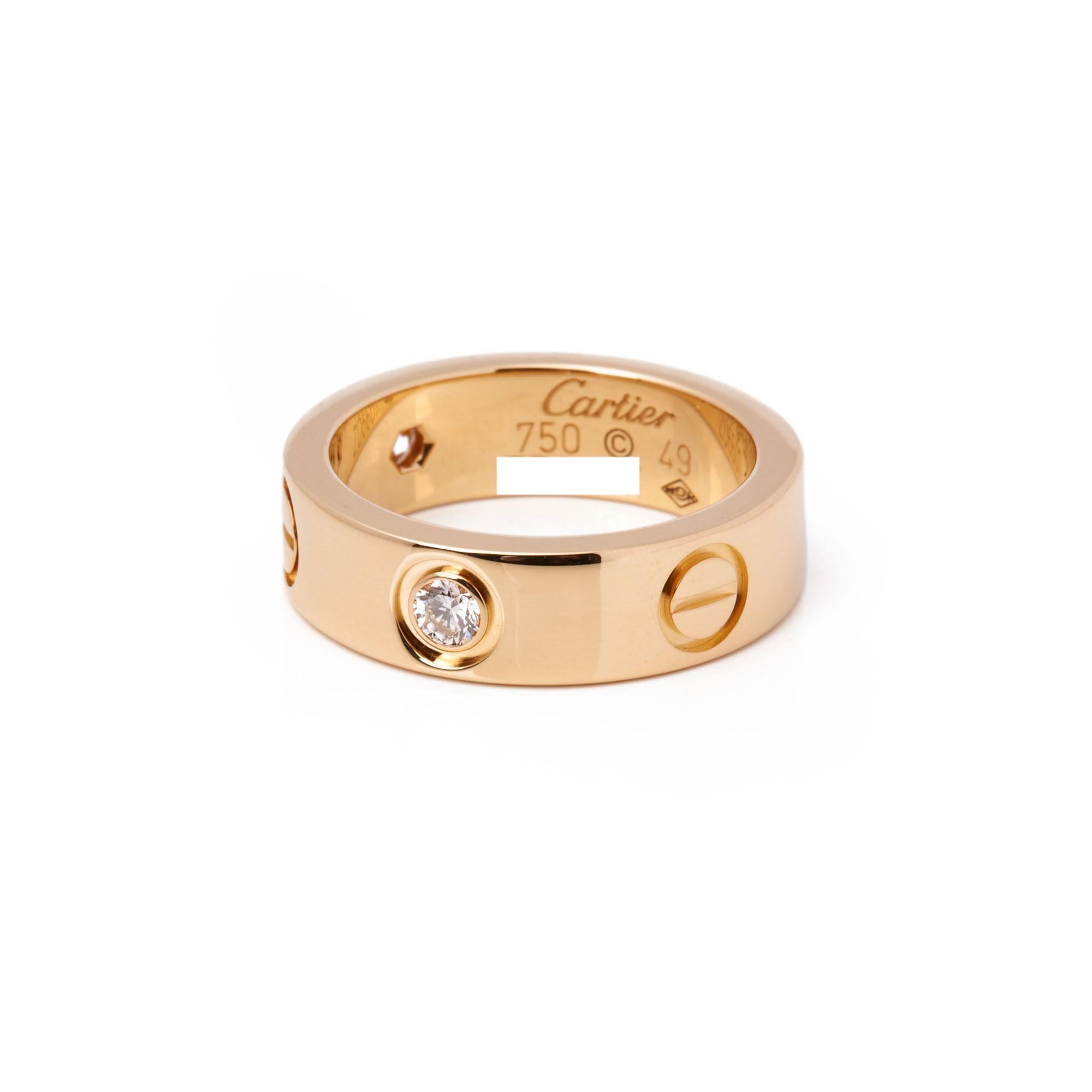 Cartier Love 18 Carat Yellow Gold 3 Diamond Ring In Excellent Condition In Bishop's Stortford, Hertfordshire