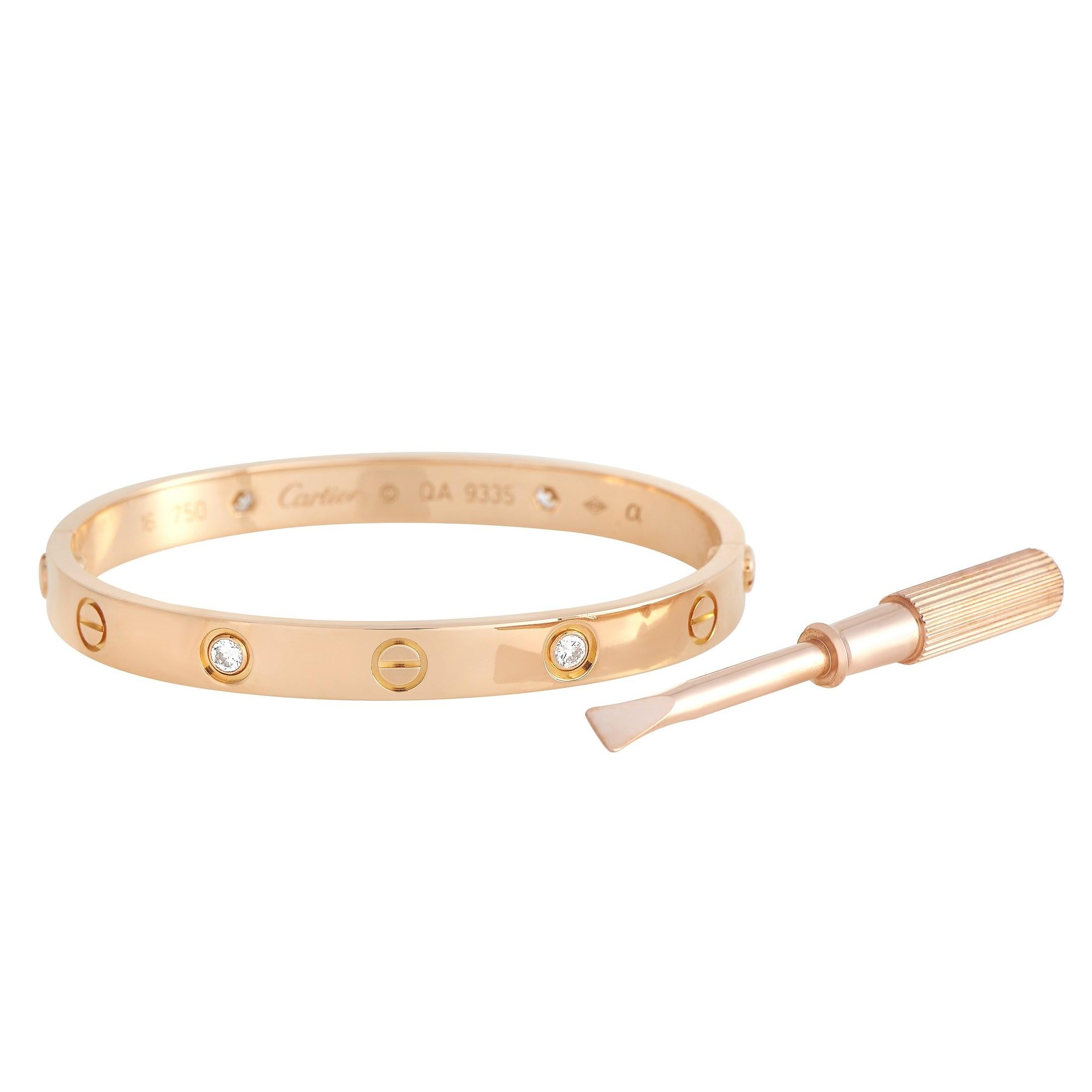 Chic and incredibly sophisticated, a Cartier LOVE bracelet will never go out of style. This iconic piece is crafted from opulent 18K Rose Gold and features 4 sparkling diamonds alternating alongside the brand’s signature circular accents. This size