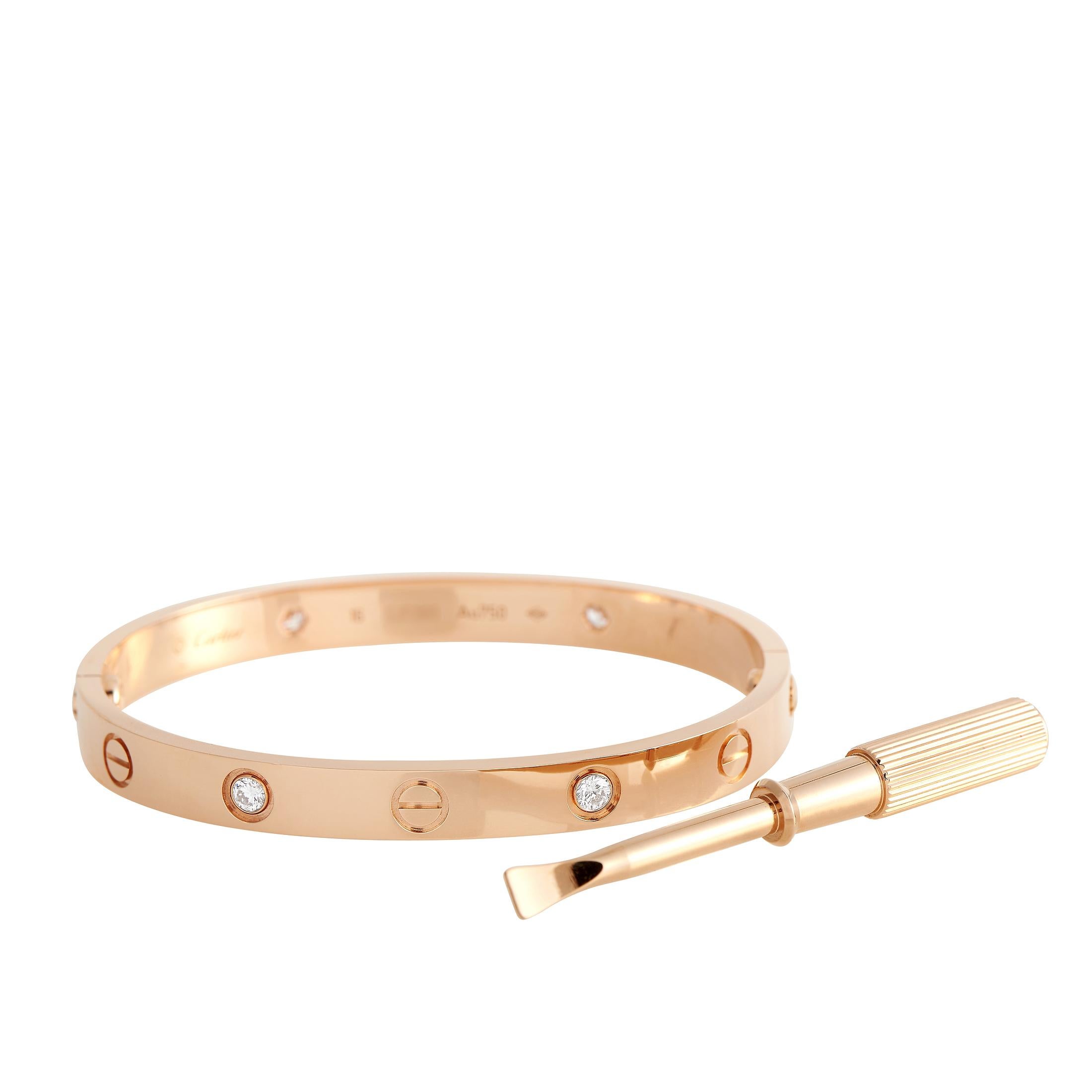 The Cartier LOVE Bracelet is your elegant and luxurious love lock. It is love in bejeweled form. An iconic design from Cartier, this bracelet features a rigid two-arc bangle bracelet design with a screw motif and a special screwdriver for opening or