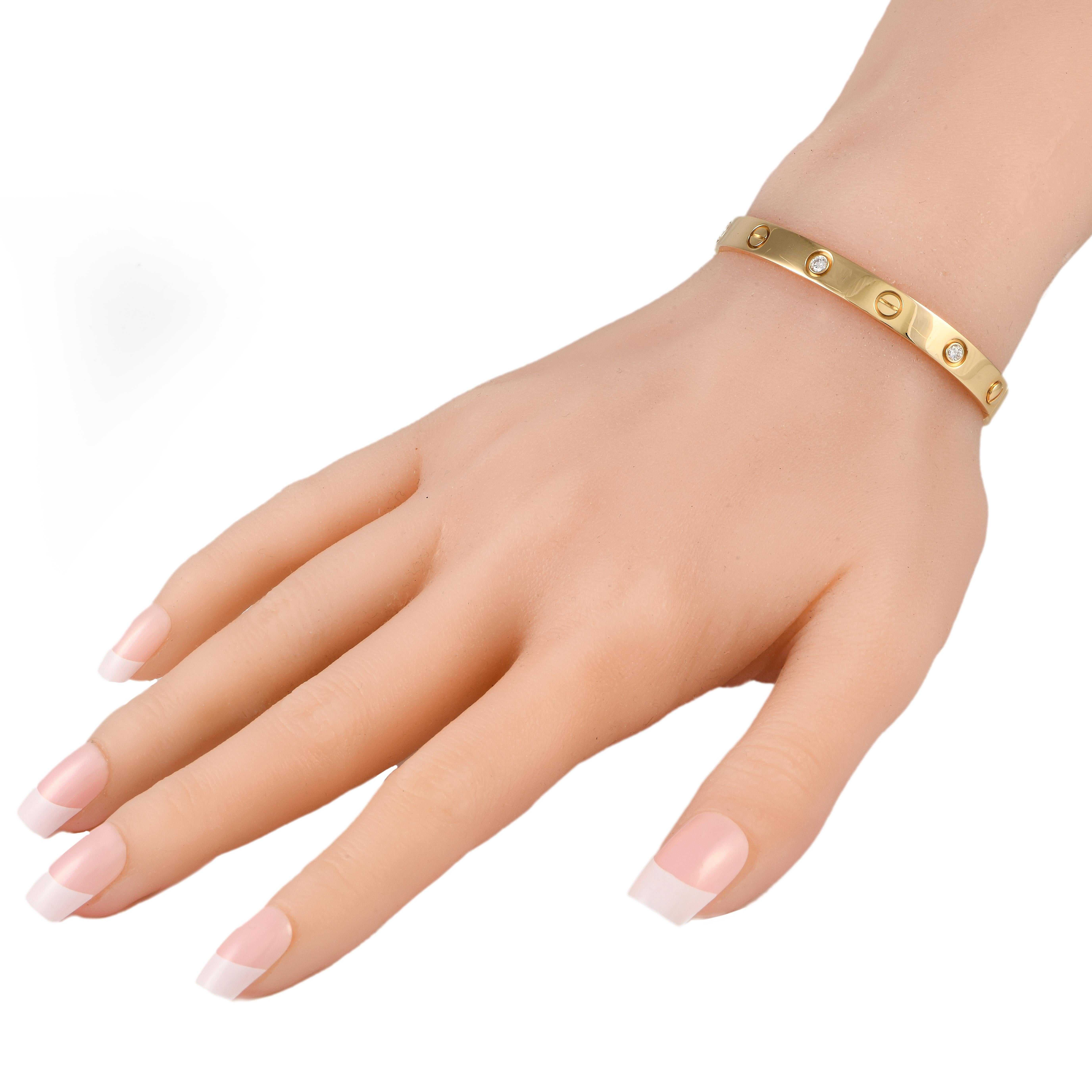 The Cartier Love Bracelet is an iconic piece that will never go out of style. Crafted from 18K Rose Gold, this simple, elegant design measures 6.7\u201d long and comes to life thanks to 4 sparkling inset diamonds.\r\nThis jewelry piece is offered in