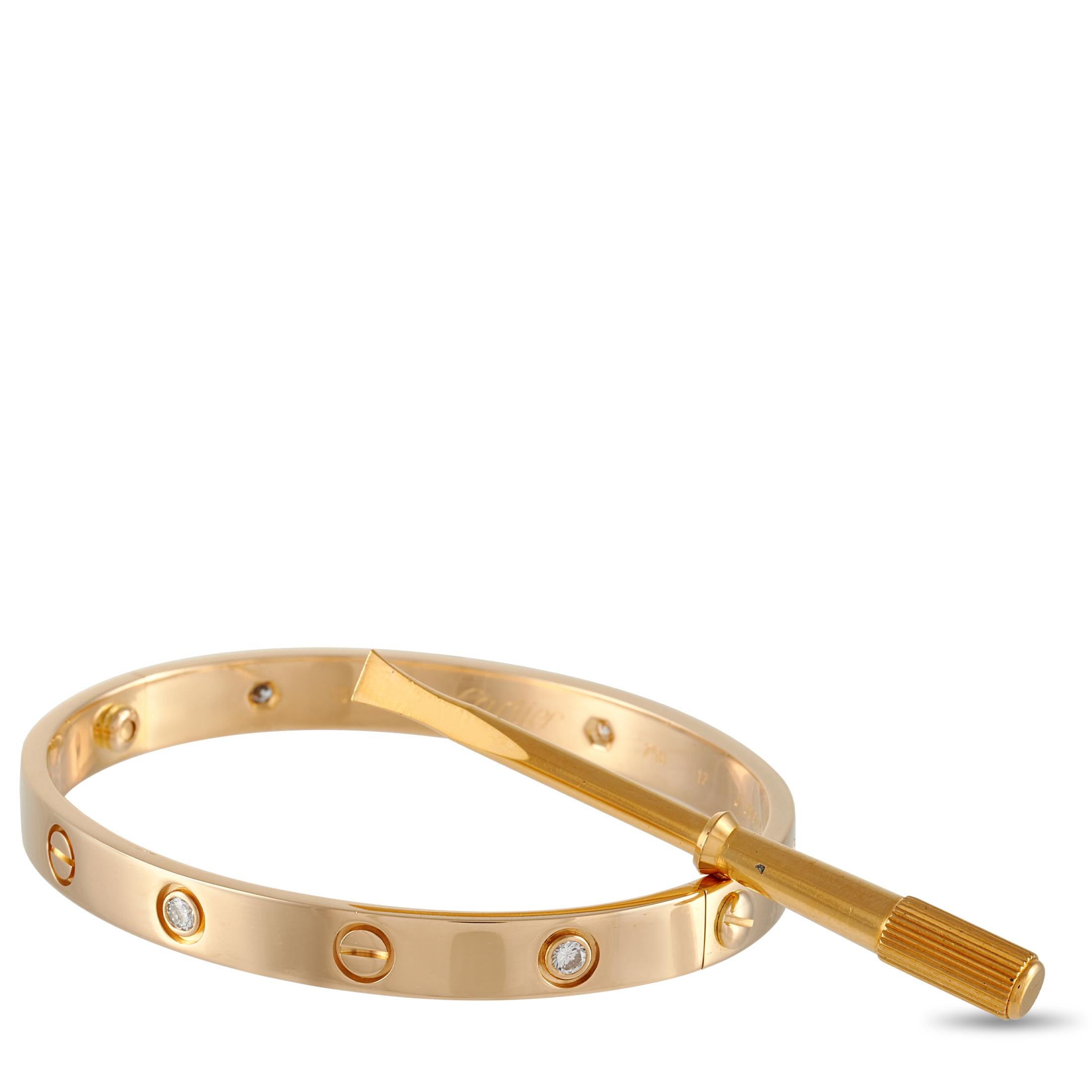 This iconic Cartier LOVE bracelet is a statement-making piece that is perfect for adding upscale style to your everyday. Made from glistening 18K Rose Gold, 6 round-cut inset diamonds add extra elegance to this already charming design. It measures