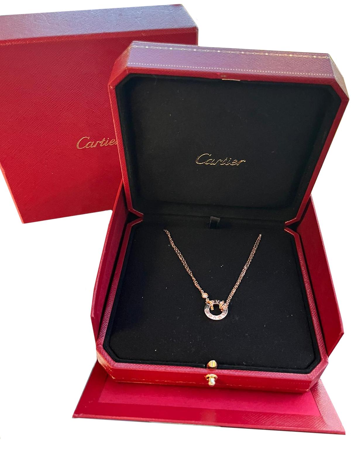 Modernist Cartier Love 18k Rose Gold and 2 Brilliant-Cut Diamonds Circle Charm Necklace