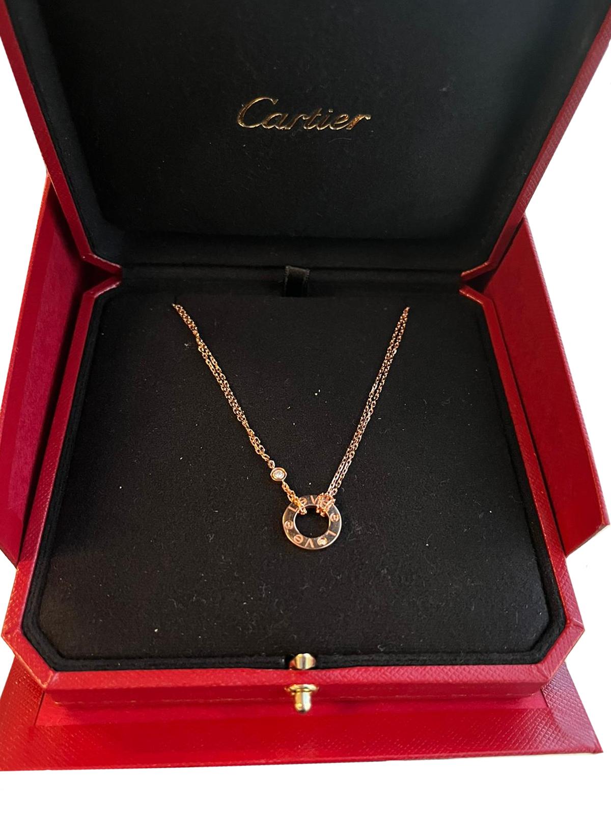 Round Cut Cartier Love 18k Rose Gold and 2 Brilliant-Cut Diamonds Circle Charm Necklace
