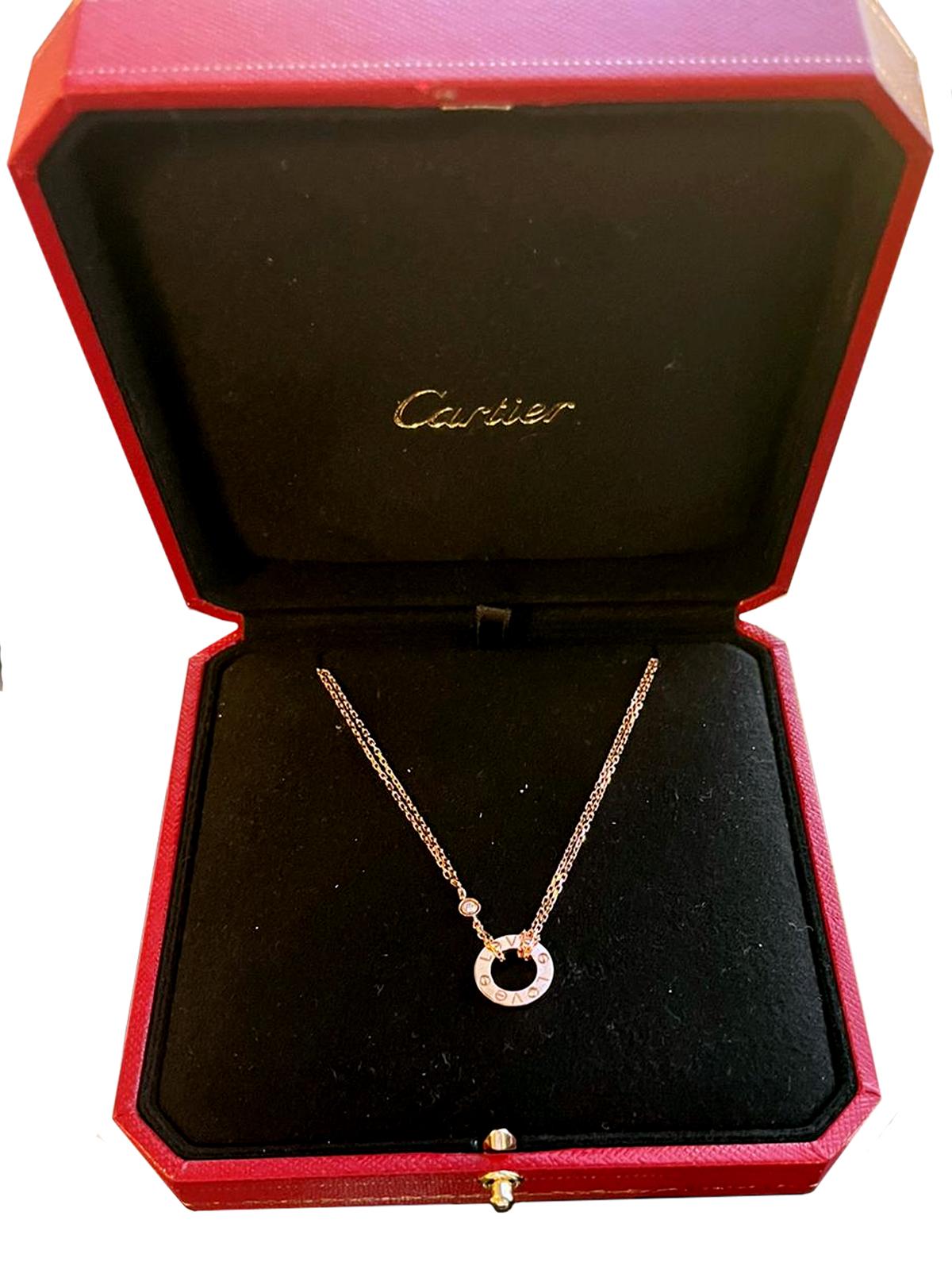 Cartier Love 18k Rose Gold and 2 Brilliant-Cut Diamonds Circle Charm Necklace In New Condition In Aventura, FL