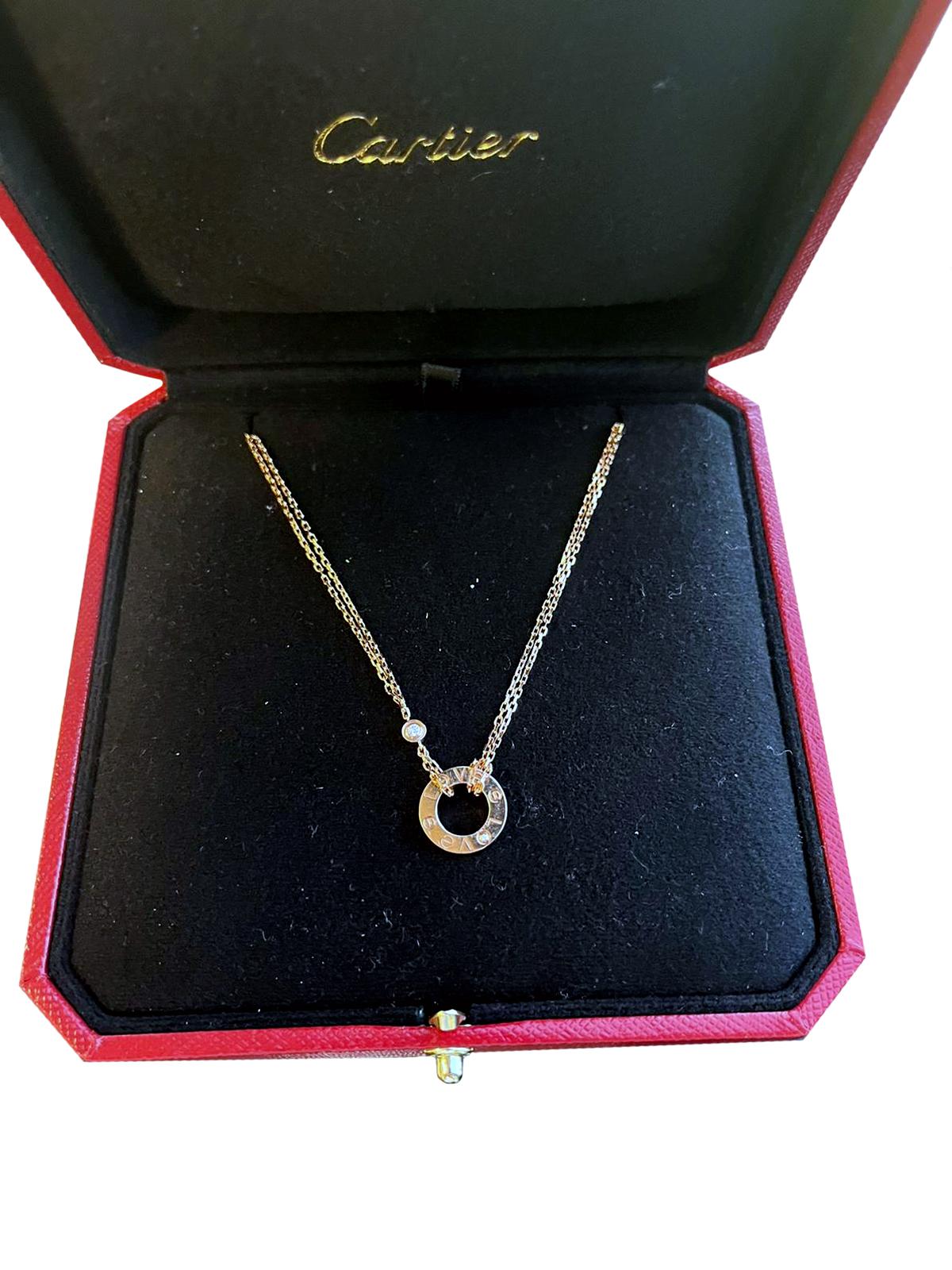 Women's Cartier Love 18k Rose Gold and 2 Brilliant-Cut Diamonds Circle Charm Necklace