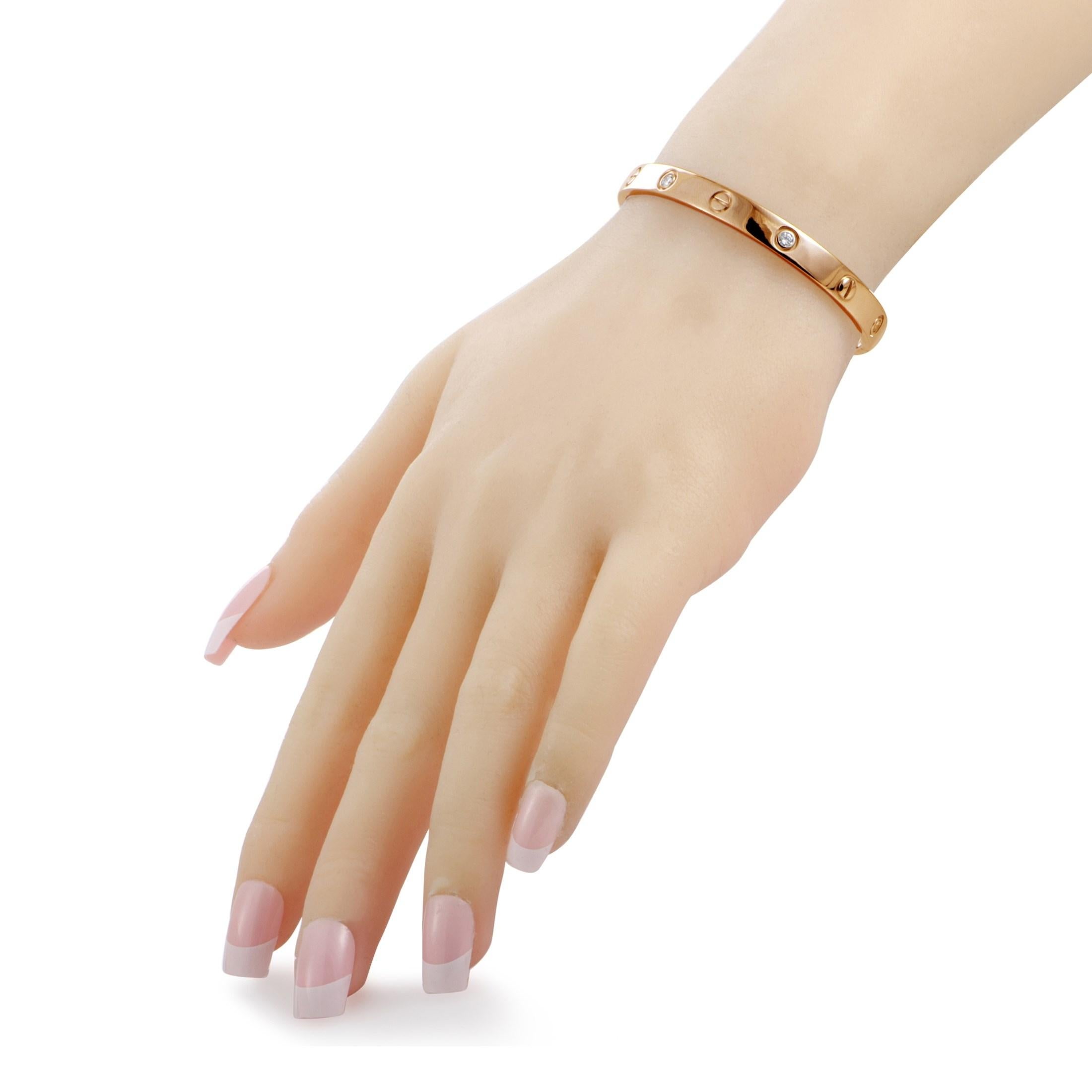 This splendidly classic piece from Cartier’s iconic “LOVE” collection boasts an exquisitely refined design with famous screw motifs, symbolizing eternal affection and commitment. This bracelet is the new model version, and is beautifully made of