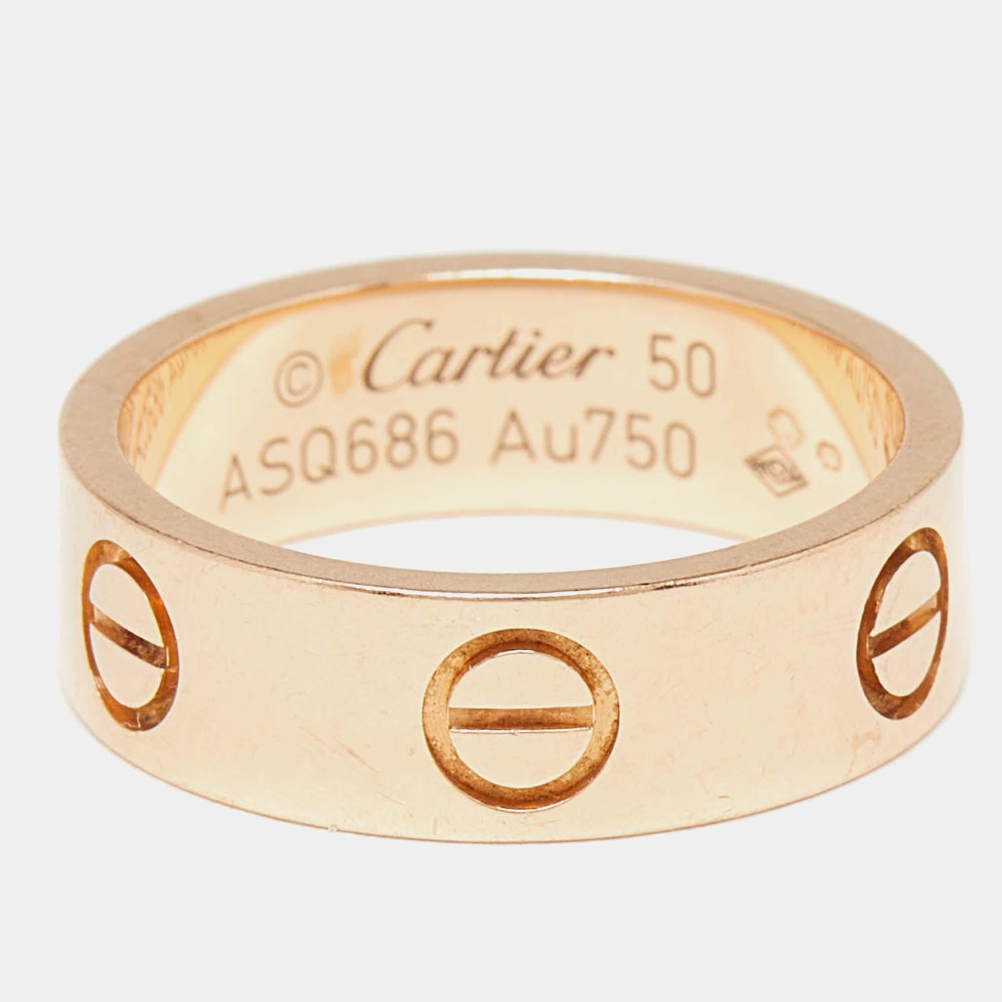 Cartier Love 18K Rose Gold Band Ring Size 50 In Good Condition For Sale In Dubai, Al Qouz 2