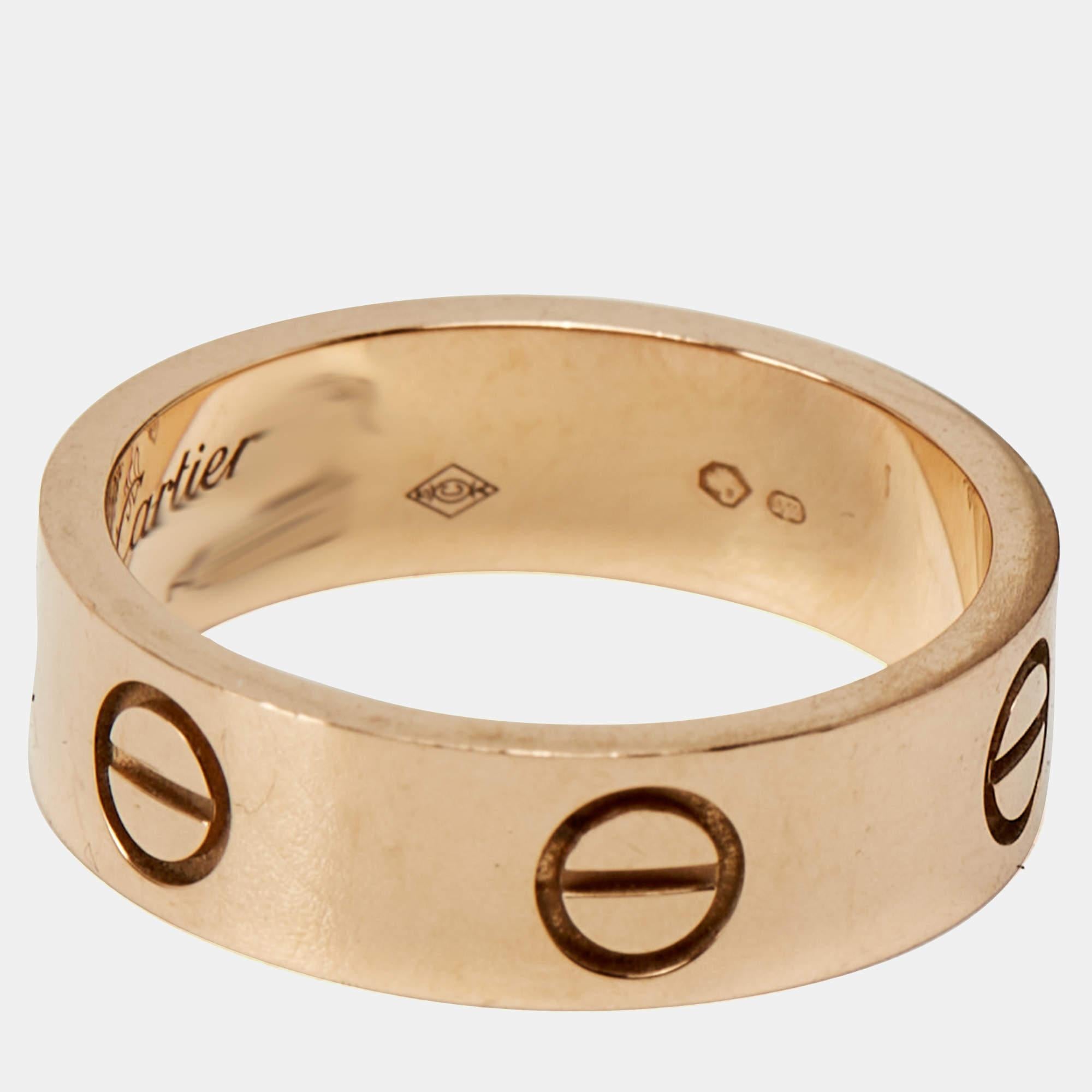 One of the most iconic and loved designs from the house of Cartier, this stunning Love ring is an icon of style and luxury. Constructed in 18k rose gold, this ring features screw details all around the surface as symbols of a sealed and secured