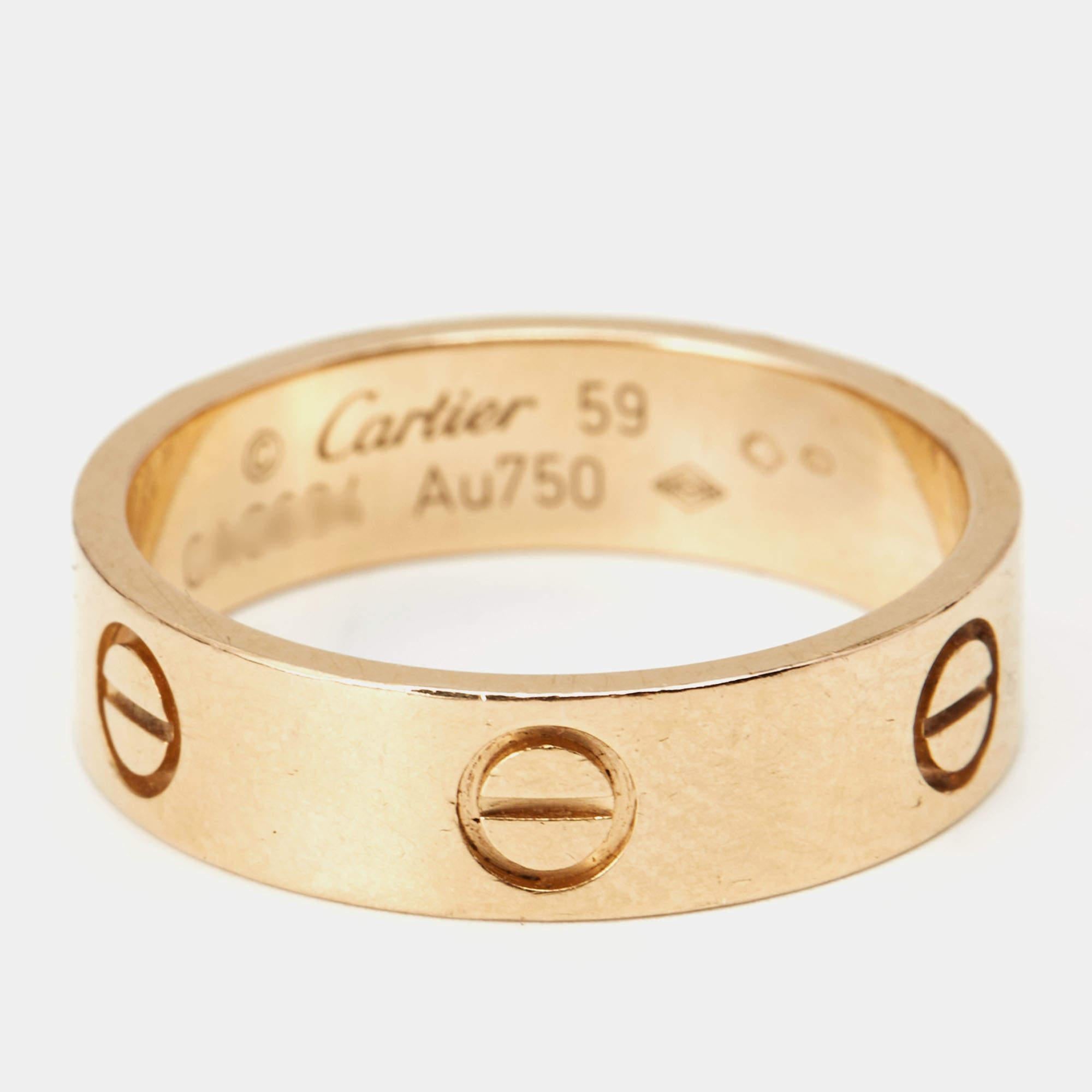 One of the most iconic and loved designs from the house of Cartier, this stunning Love ring is an icon of style and luxury. Constructed in 18k rose gold, this ring features screw details all around the surface as symbols of a sealed and secured