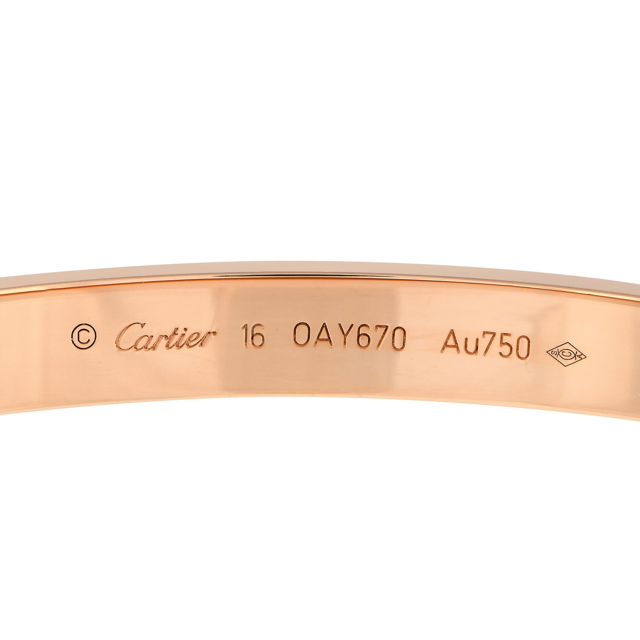 This iconic Cartier Love bracelet is a timeless piece that will never go out of style. Crafted from opulent 18K Rose Gold, this size 16 bracelet measures 6.3 long.This jewelry piece is offered in estate condition and includes a gift box and papers.