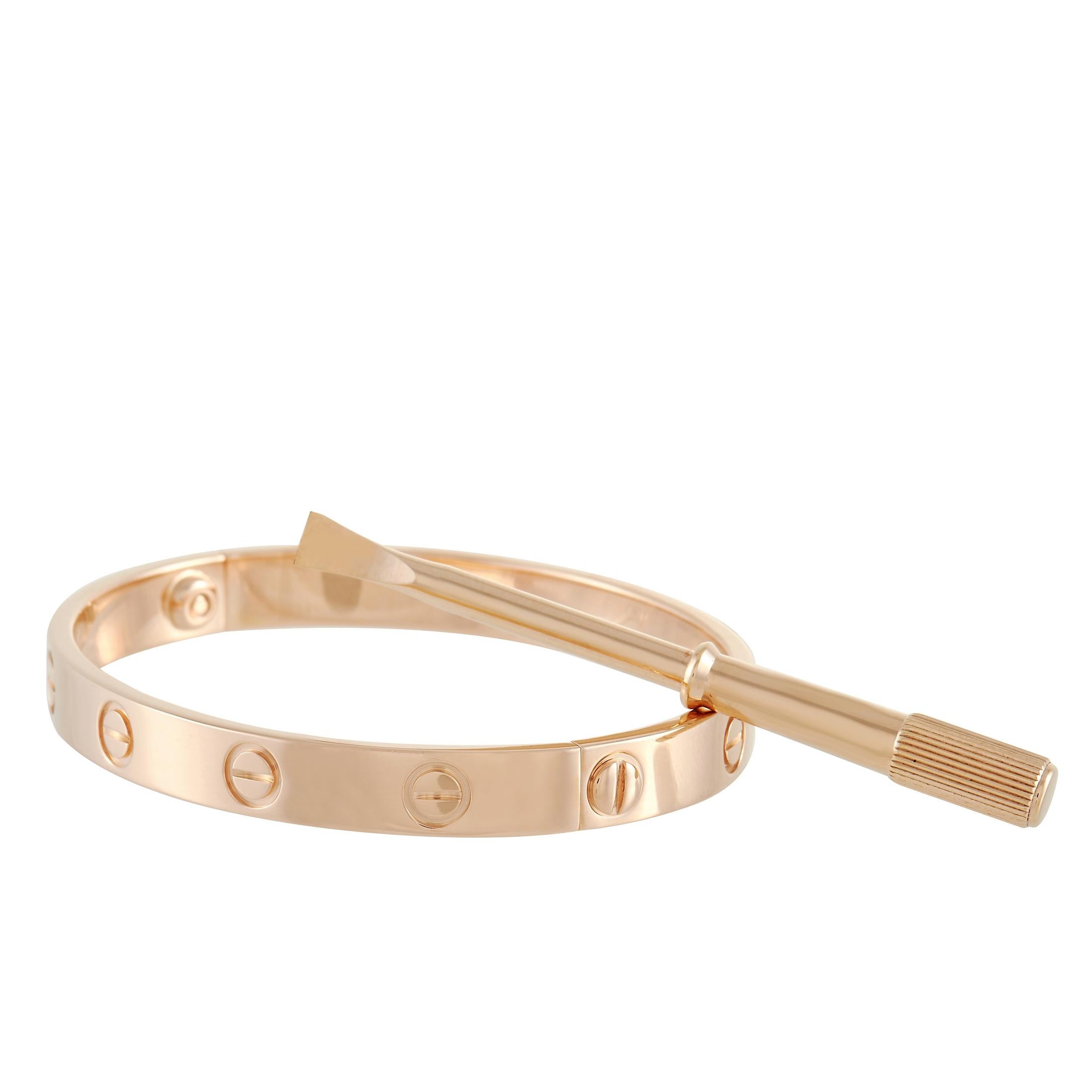 There is perhaps no piece of jewelry more breathtaking than this bracelet from Cartier’s love collection. Crafted from 18K Rose Gold, this estate piece includes iconic screw accents as well as the original screwdriver. This size 16 piece measures