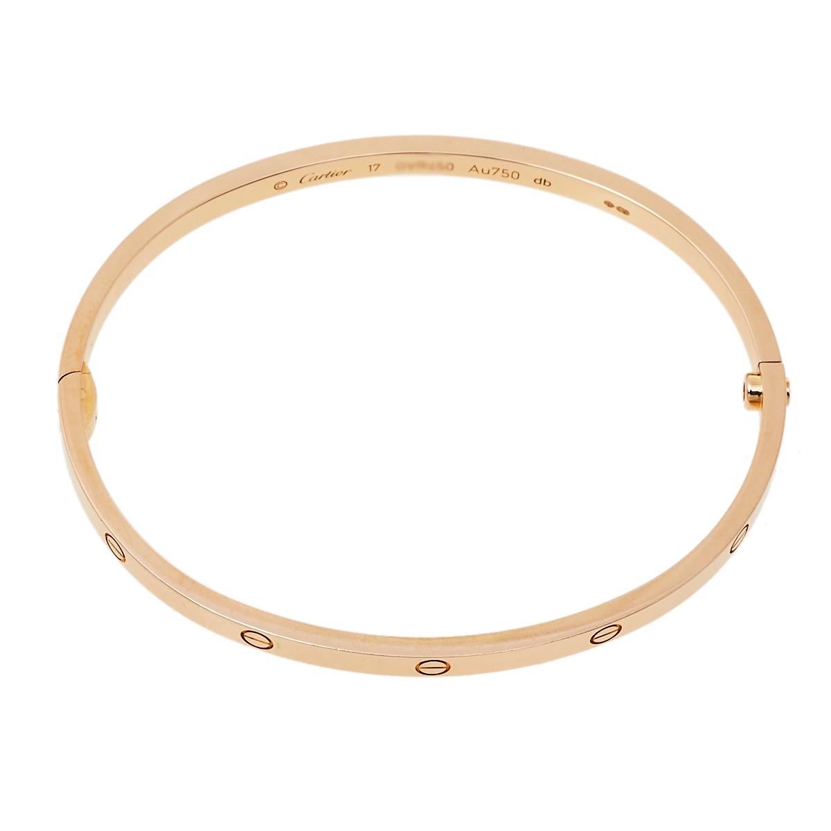 We fell in love with this Cartier Love bracelet at first glance. Look at its gorgeous yet subtle accents and picture how it will beautifully sit on your wrist and charm your peers. The creation is crafted from 18K rose gold and neatly detailed with