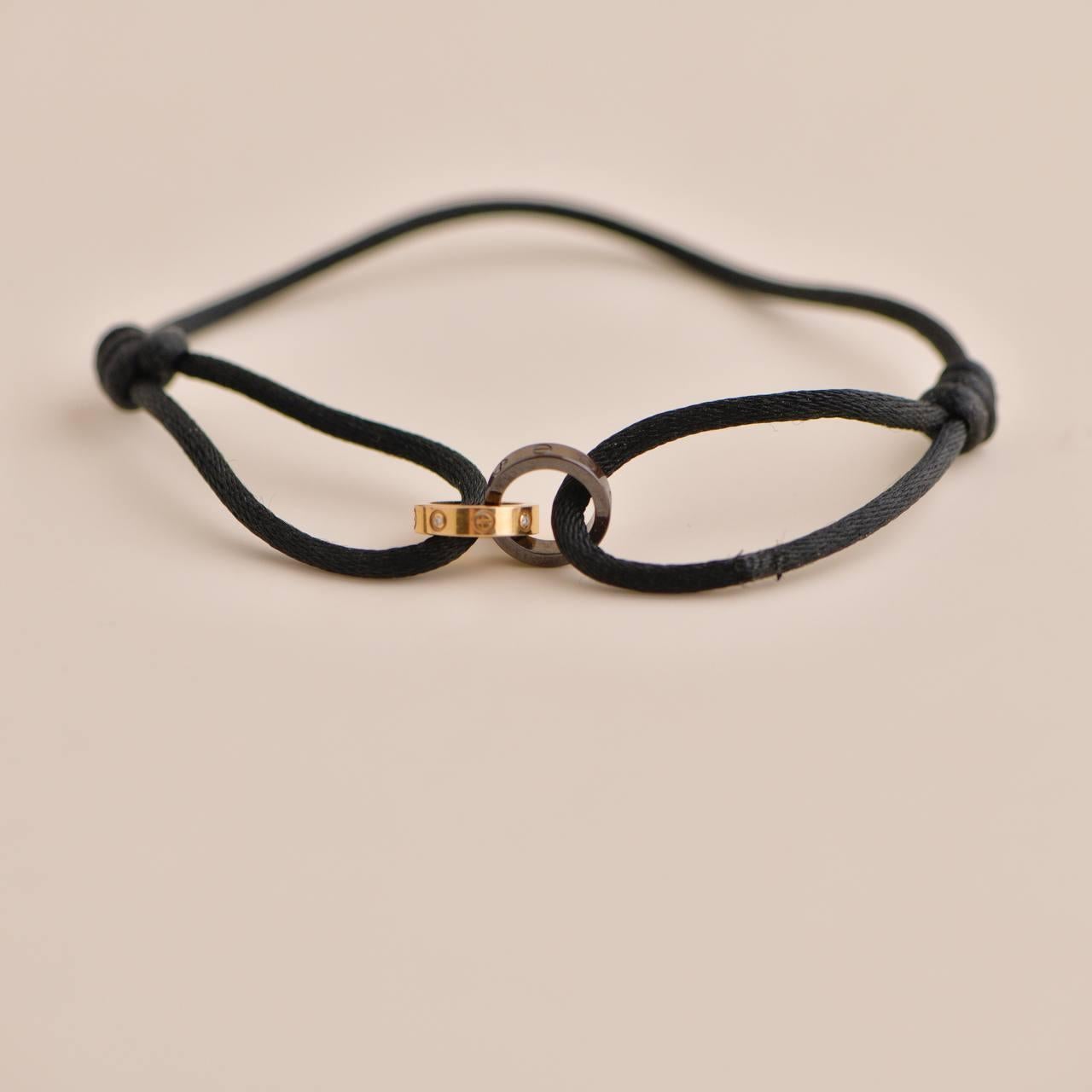 Cartier Love 18K Rose Gold Ceramic 4 Diamonds Black Silk Cord Bracelet 1