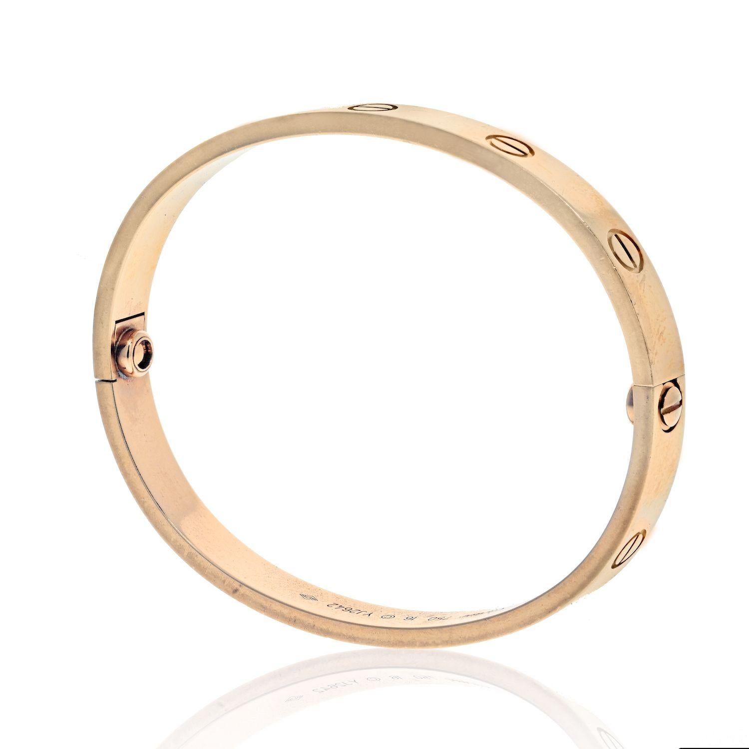 We all love Cartier. This is the most famous bracelet of all times: The Love Bracelet by Cartier. 
Size: 16 
Material: Rose Gold (Pink Gold) 

New style screw system. 