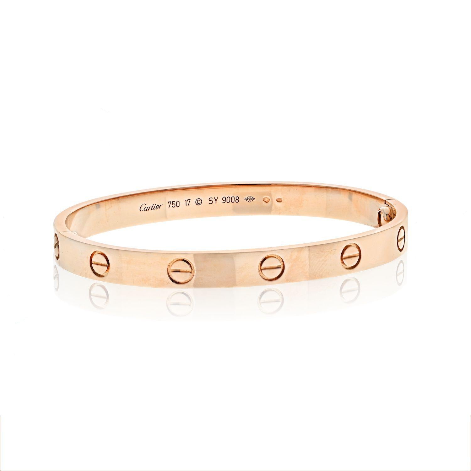 We all love Cartier. This is the most famous bracelet of all times: The Love Bracelet by Cartier. 
Size: 17
Material: Rose Gold (Pink Gold) 

New style screw system. 