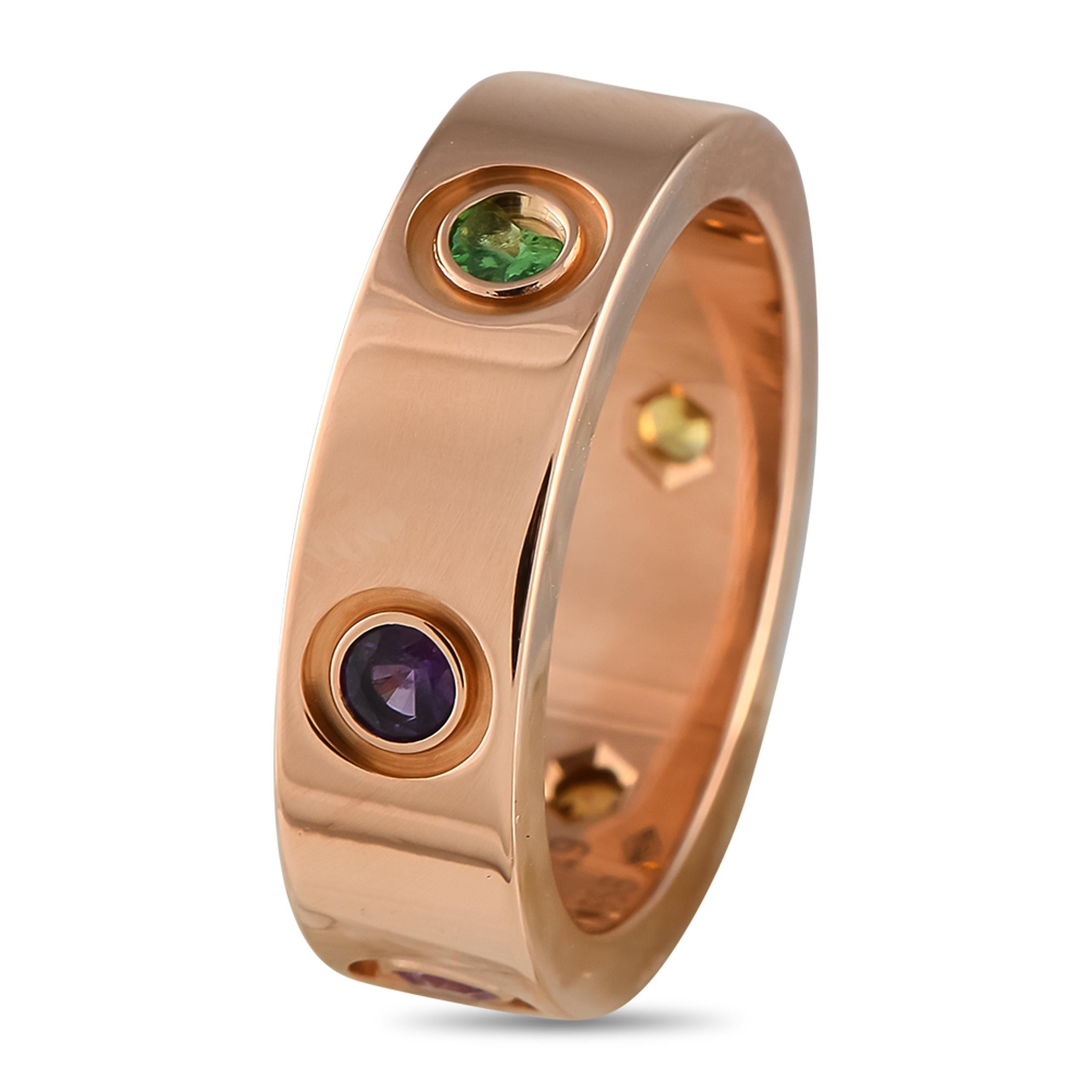 This iconic Cartier LOVE ring is a luxury piece that exudes understated elegance. Multicolored gemstones add an exciting pop of color to the classic design. Crafted from 18K Rose Gold, it measures 6mm wide and features a 2mm top height. This jewelry