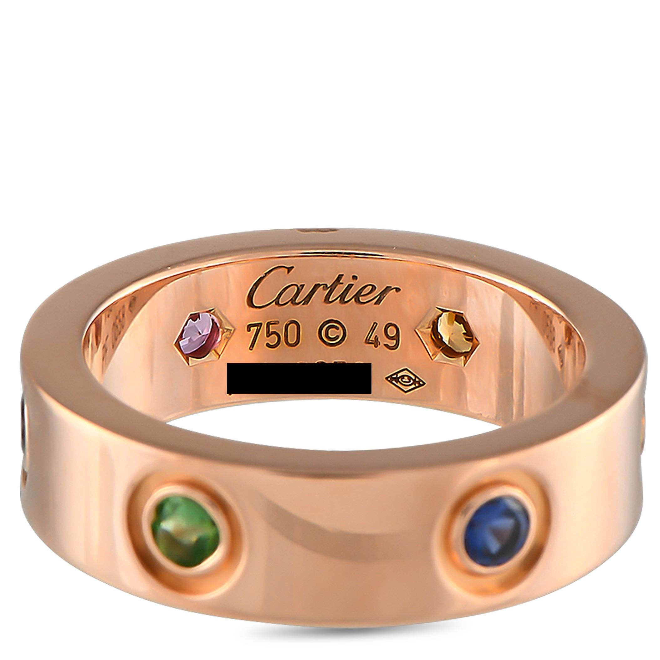 Cartier LOVE 18K Rose Gold Multicolored Gemstone Ring In Excellent Condition In Southampton, PA