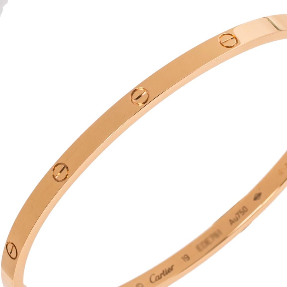 Contemporary Cartier LOVE 18K Rose Gold Narrow Bangle Bracelet Size 19