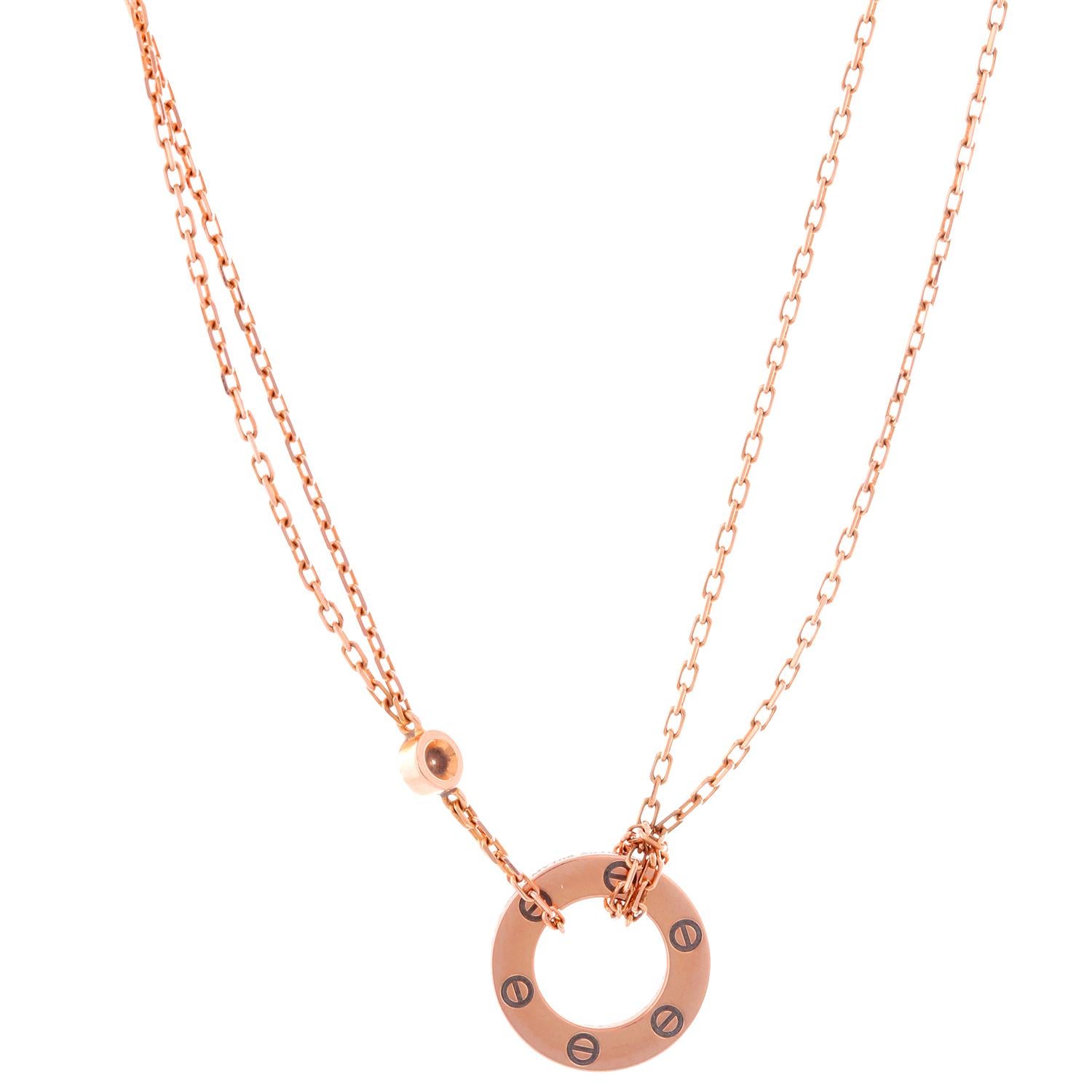 Cartier LOVE 18K Rose Gold Necklace  - 18K rose gold set with 2 brilliant cut diamonds totaling .03 cts. Inner diameter 7.8 mm - Chain length 15 inches. Pre-owned with custom box .