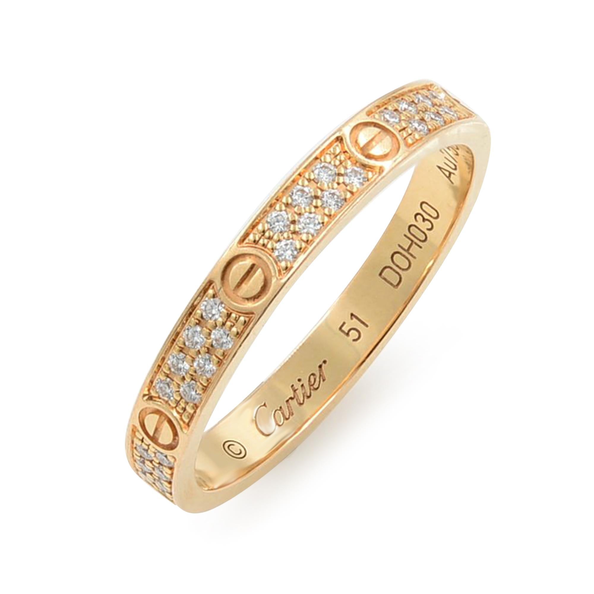 Cartier Love 18k Rose Gold Pave Diamond Small Band Ring Size 5.75 
Brand: Cartier
Gender: Womens 
Condition: Very Good 
Metal: 18k Rose Gold
Stone: 0.19ct. Pave Diamonds 
With Box. 
FROM CARTIER:
Love ring, small model, 18K pink gold, set with 72