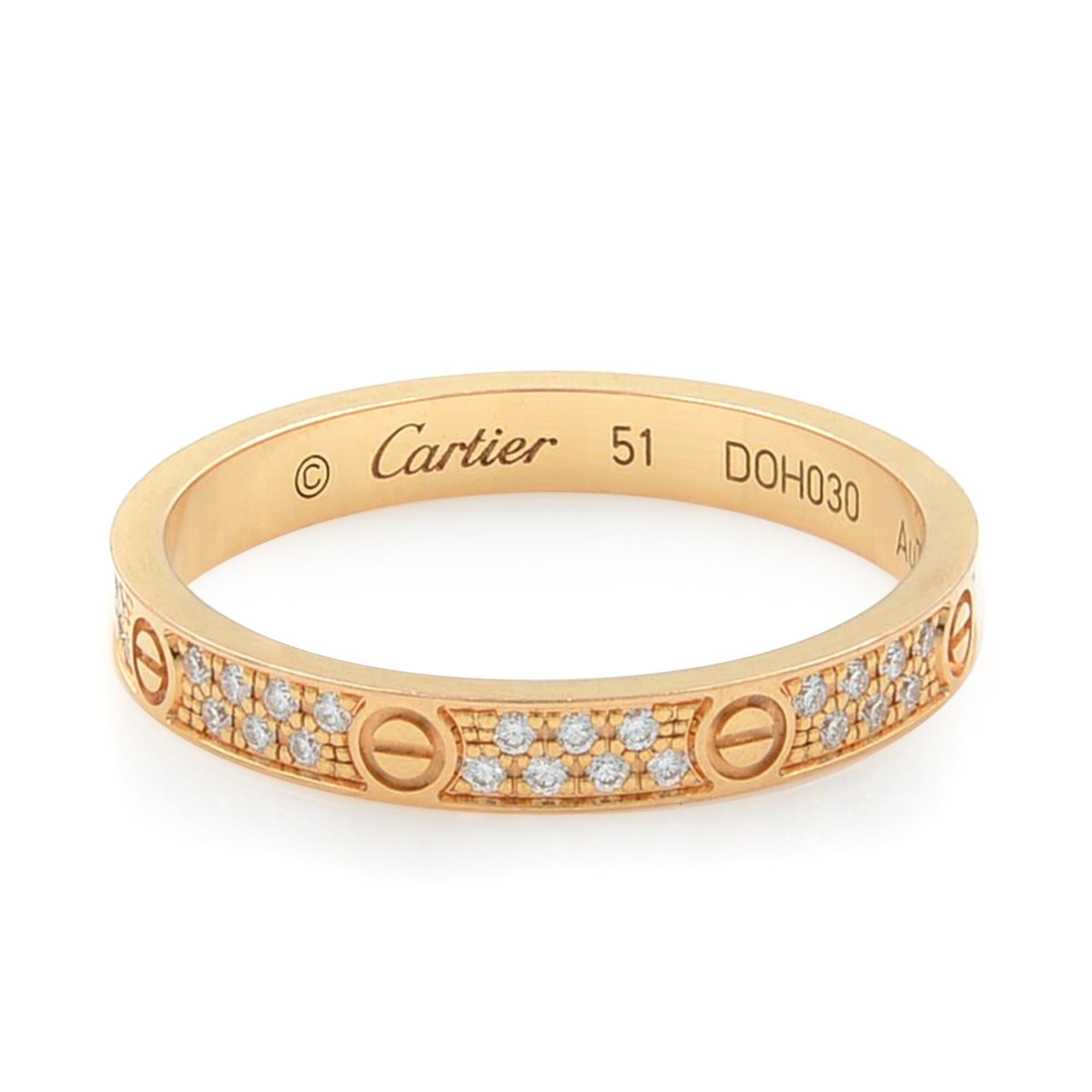 Round Cut Cartier Love 18 Karat Rose Gold Pave Diamond Band Ring 51
