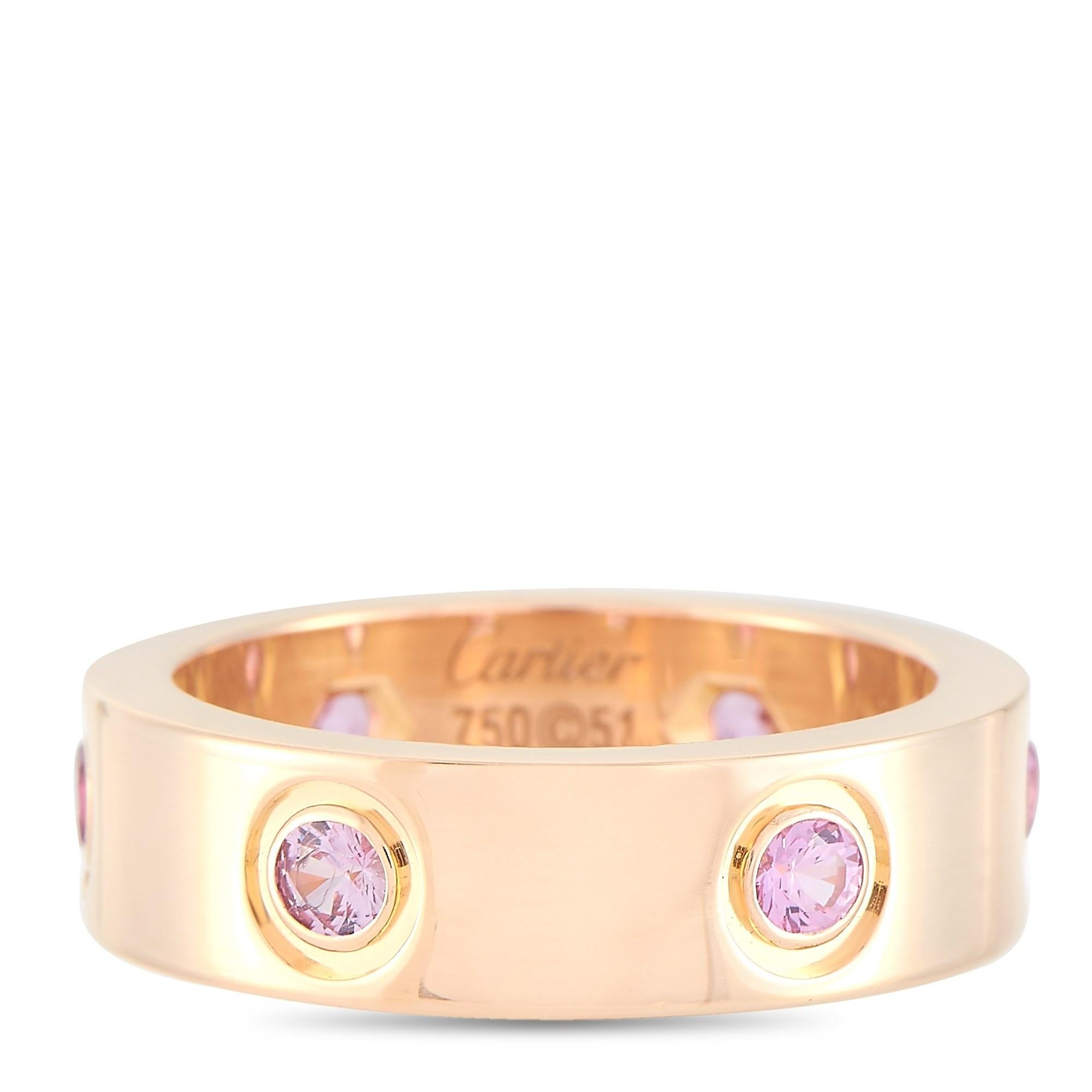 Round Cut Cartier LOVE 18 Karat Rose Gold Pink Sapphire Band Ring