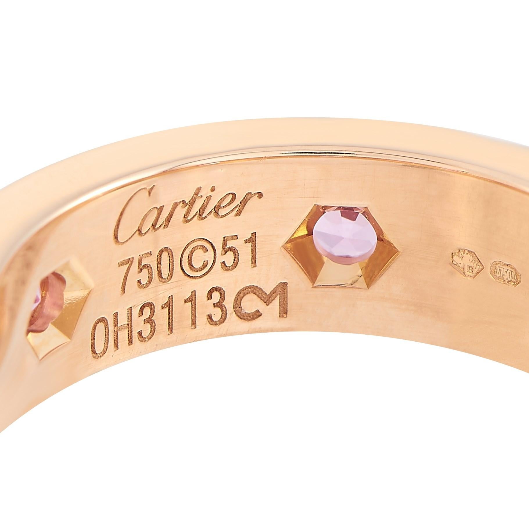 Cartier LOVE 18 Karat Rose Gold Pink Sapphire Band Ring In Excellent Condition In Southampton, PA