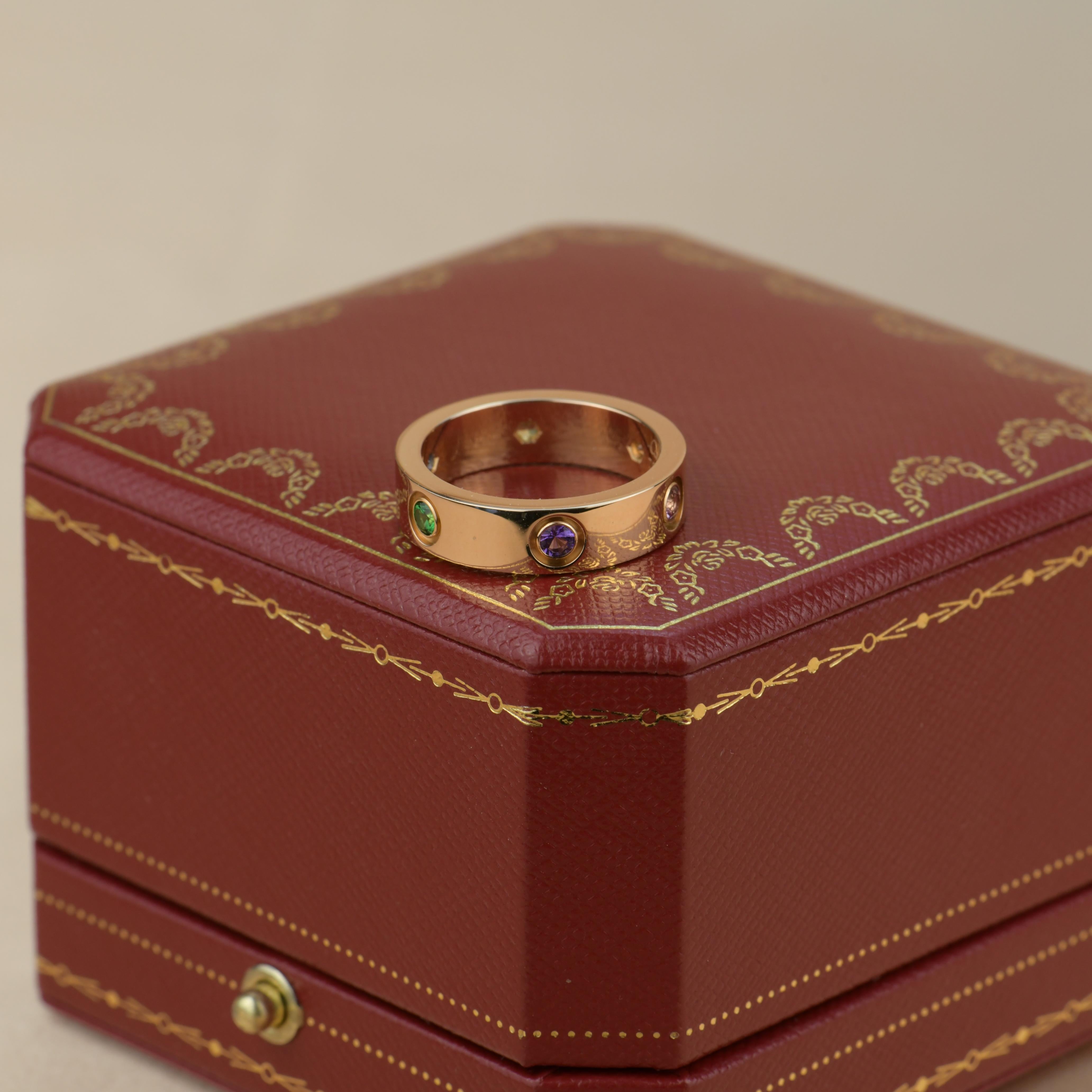 Brilliant Cut Cartier Love 18K Rose Gold Rose Multi Gem Ring