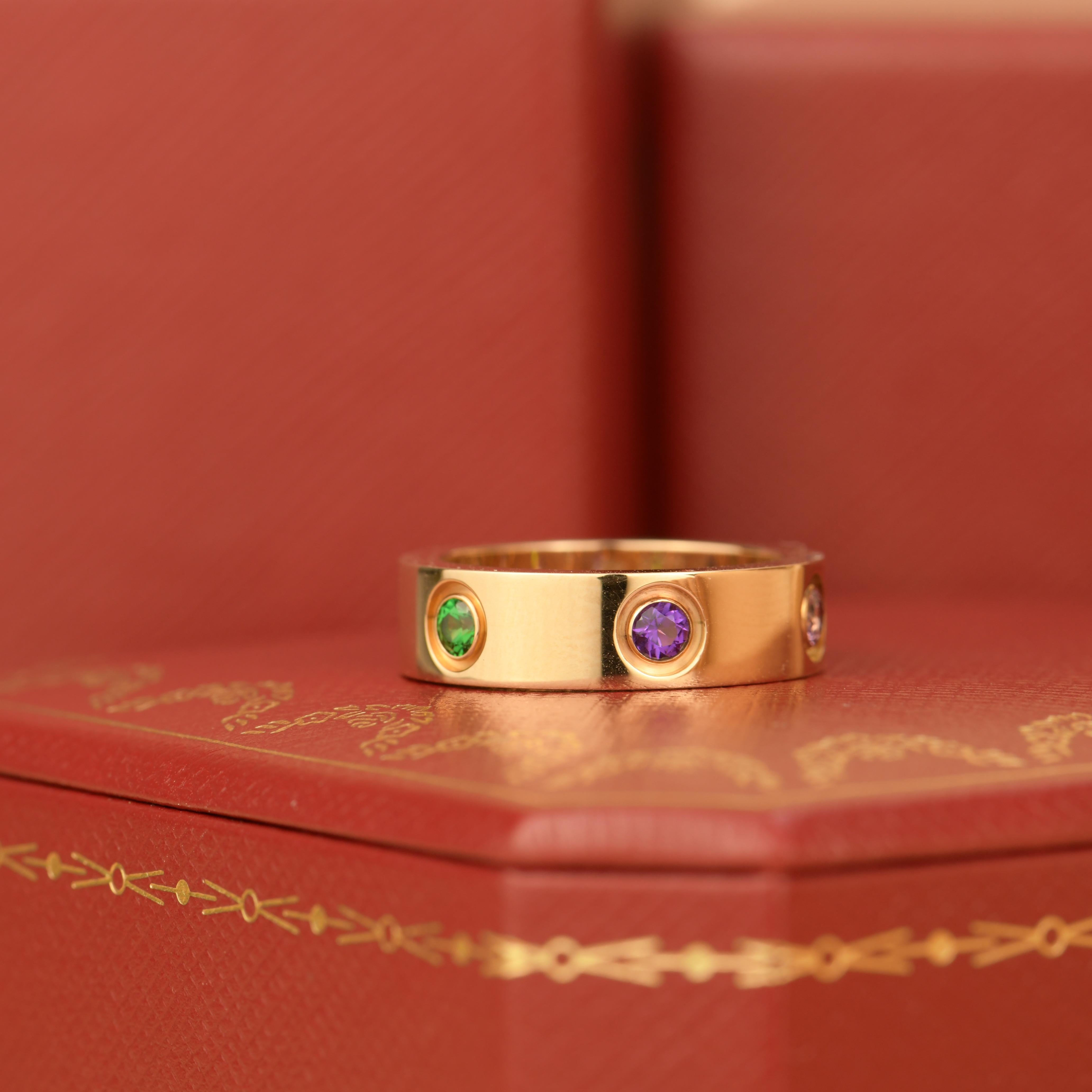 Cartier Love 18K Rose Gold Rose Multi Gem Ring In Excellent Condition In Banbury, GB