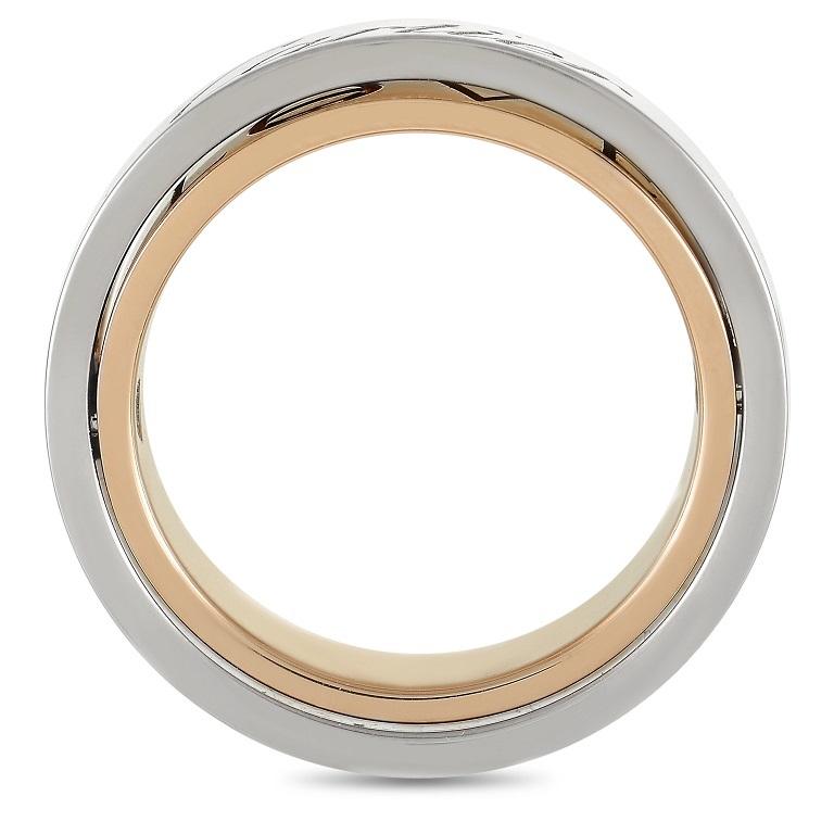 This Cartier ring from the LOVE collection is a truly unique piece. The ring features two bands, one made with 18K white gold and the other with 18K rose gold. The two bands are connected, allowing you to move and rotate them around each other. The
