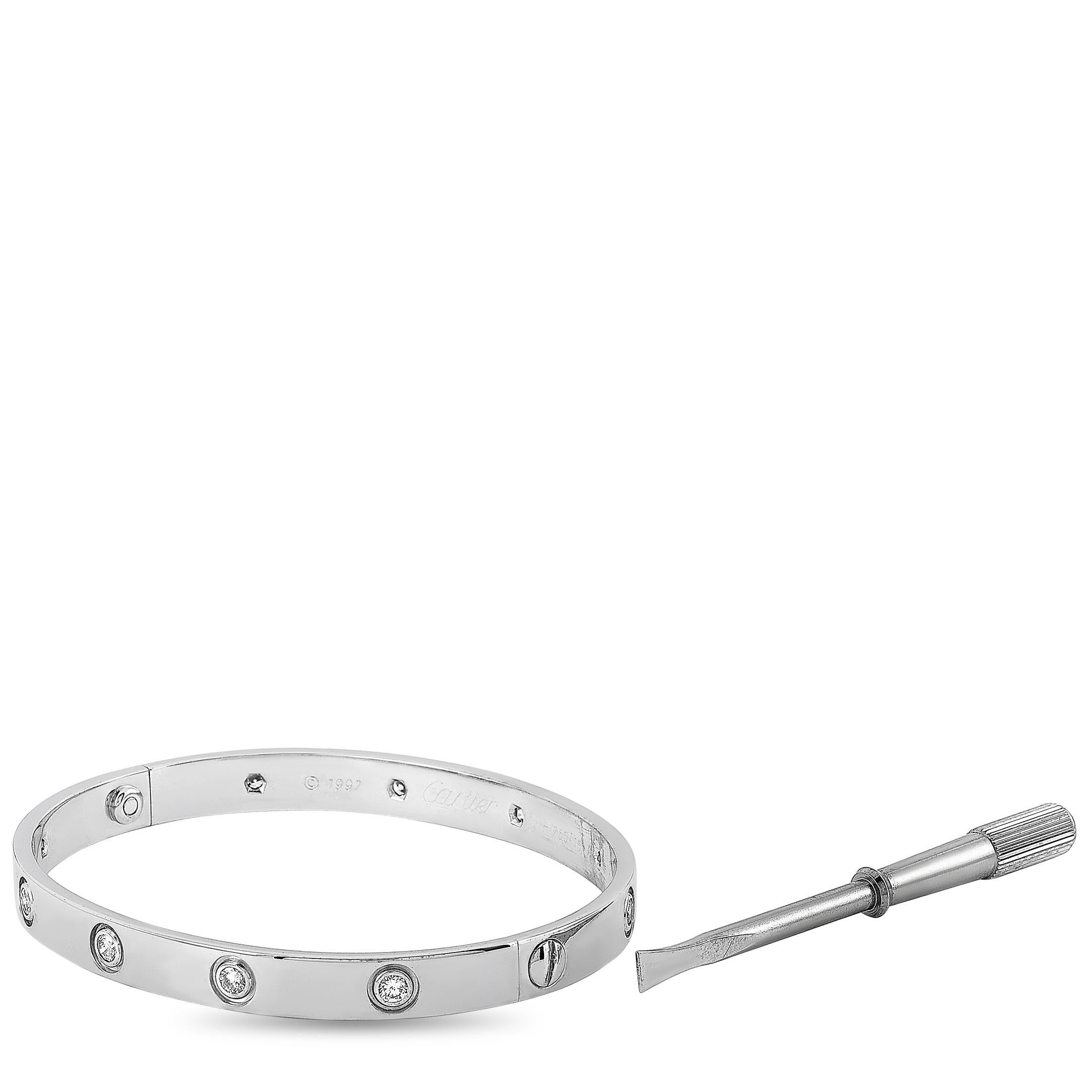 The Cartier “LOVE” bracelet is crafted from 18K white gold and set with 10 diamond stones that amount to 0.96 carats. The bracelet weighs 33.1 grams, measures 7.40” in length, and is delivered with a screwdriver.

This jewelry piece is offered in