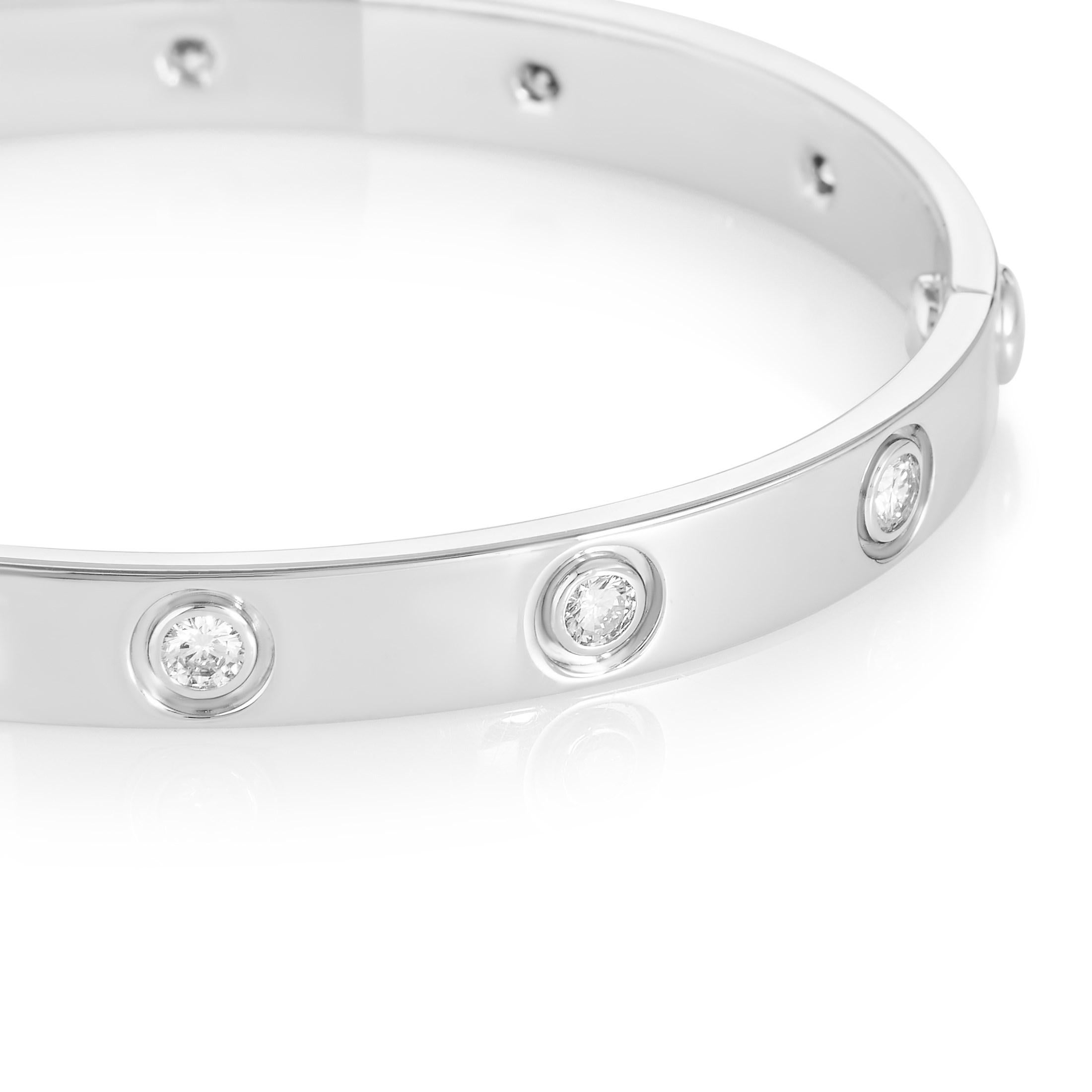Timelessly elegant and sophisticated in its minimalist design, the iconic Love bracelet from Cartier is an instantly recognizable symbol of romance and commitment, presented in this instance in a splendid blend of 18K white gold and ten glistening