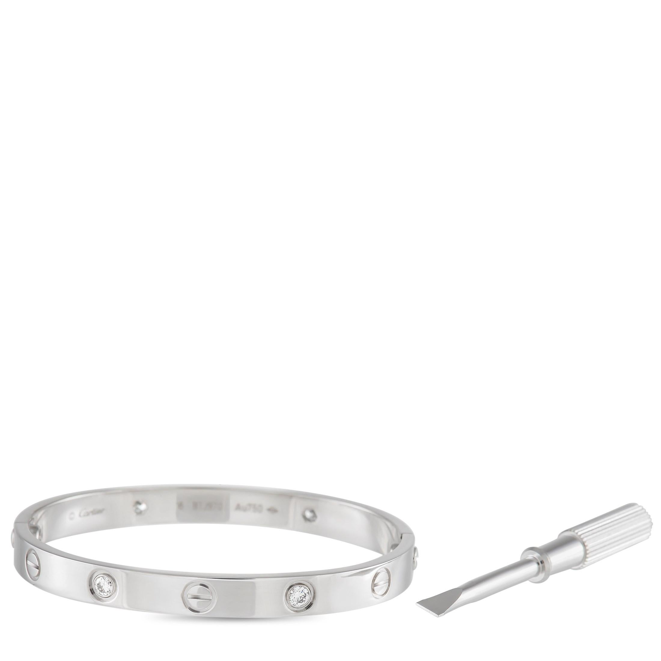 This close-fitting rigid bracelet is an icon of jewelry design. From Cartier, the Love Bracelet is deemed as a symbol of not just love but also loyalty, art, and innovation. it features two arcs worn on the wrist and can only be removed by using a