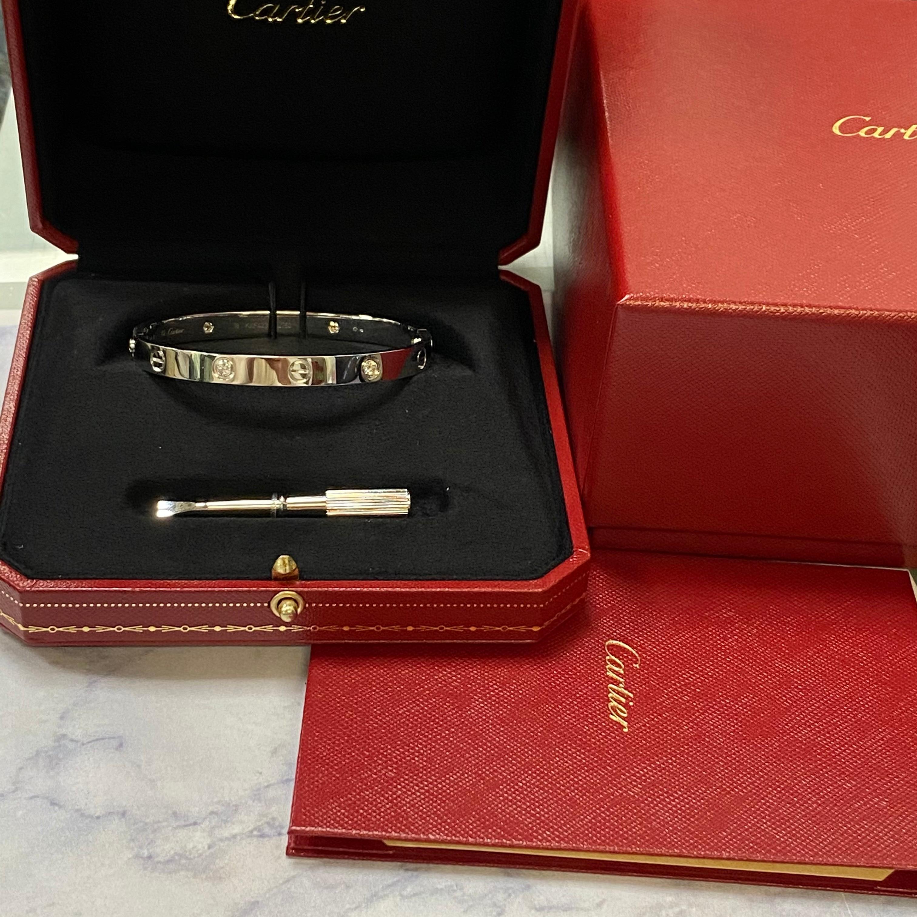 Round Cut Cartier Love 18 Karat White Gold 4-Diamond Bracelet