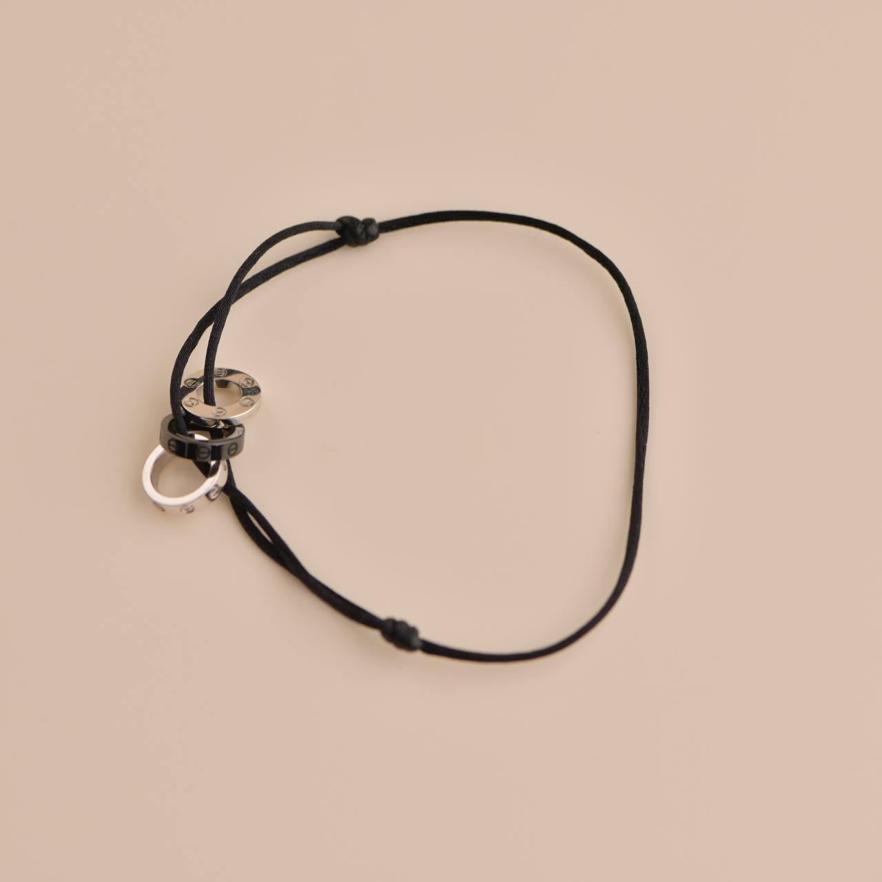 Brilliant Cut Cartier Love 18k White Gold 4 Diamond Sevres Porcelain Black Cord Bracelet