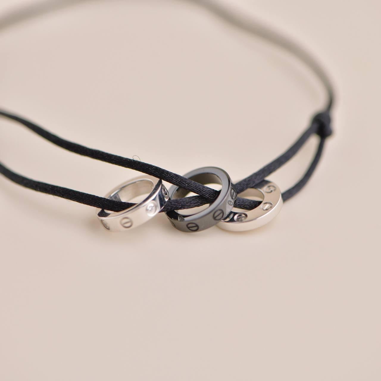Brilliant Cut Cartier Love 18k White Gold 4 Diamond Sevres Porcelain Black Cord Bracelet