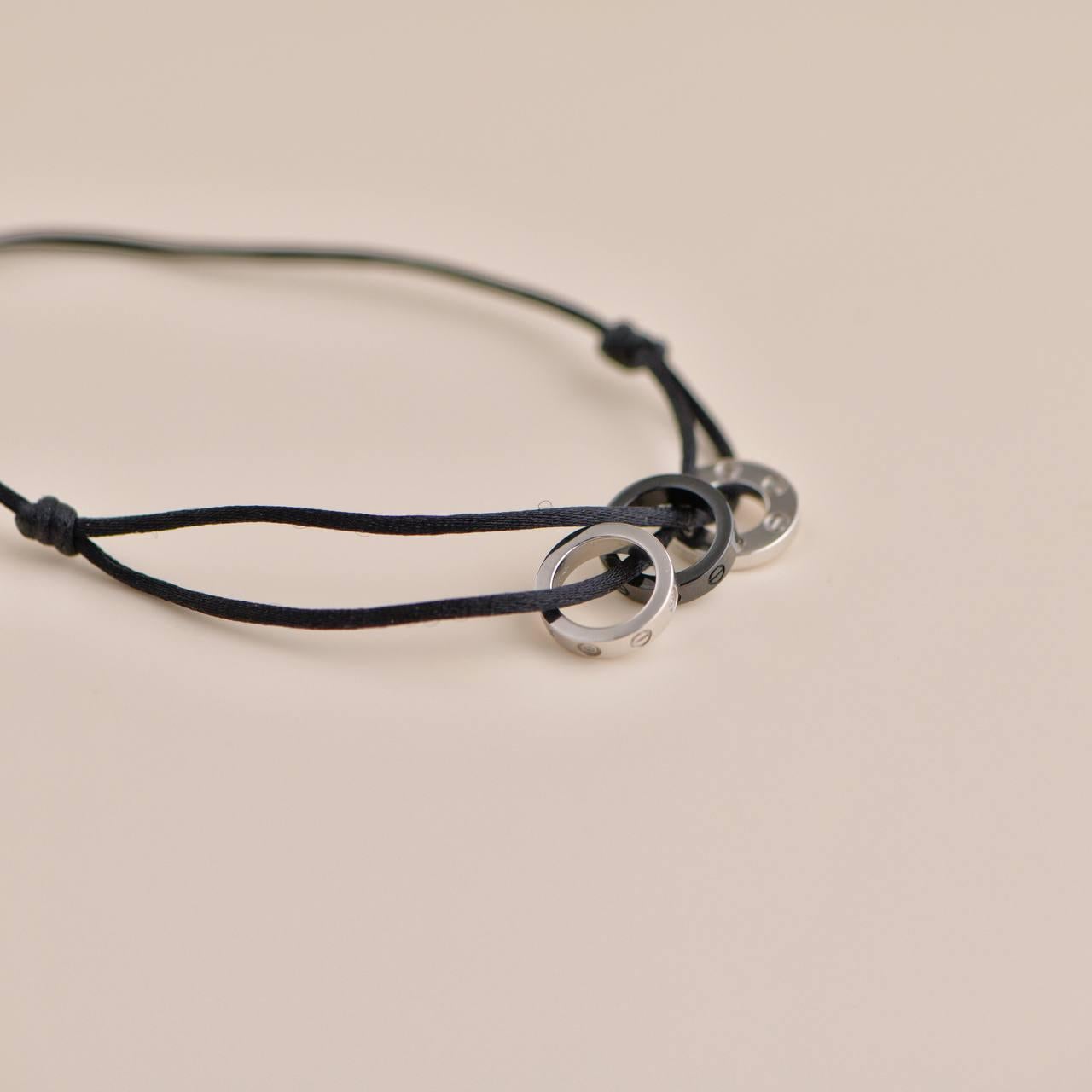 Cartier Love 18k White Gold 4 Diamond Sevres Porcelain Black Cord Bracelet In Excellent Condition In Banbury, GB