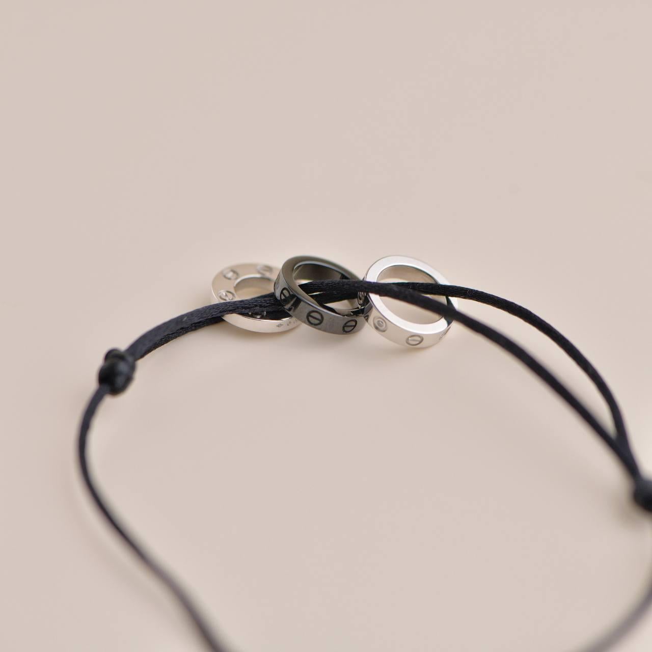 Women's or Men's Cartier Love 18k White Gold 4 Diamond Sevres Porcelain Black Cord Bracelet