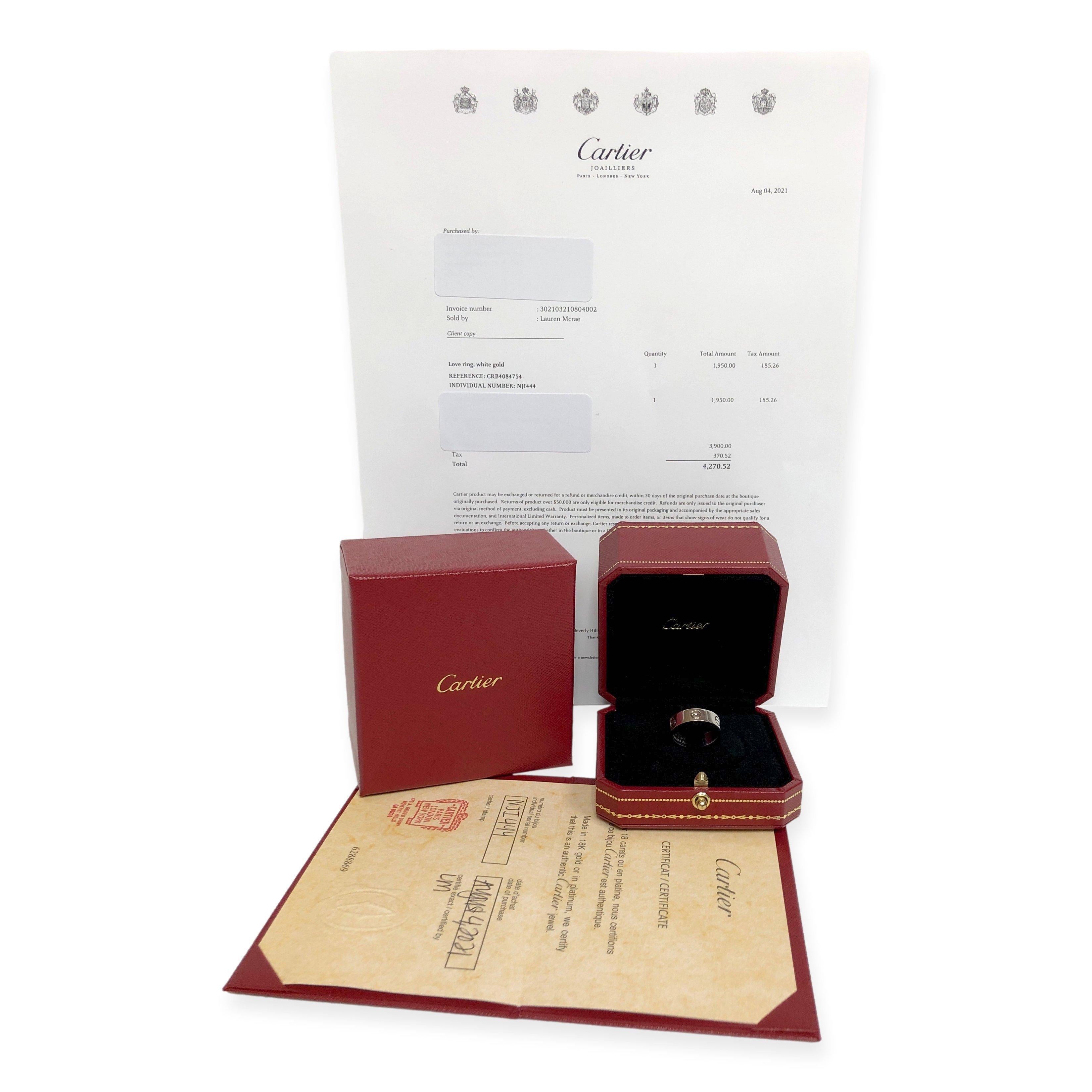 Cartier Love 18K White Gold 5.5mm Size 54 (US6.75) Band Ring In Excellent Condition For Sale In New York, NY