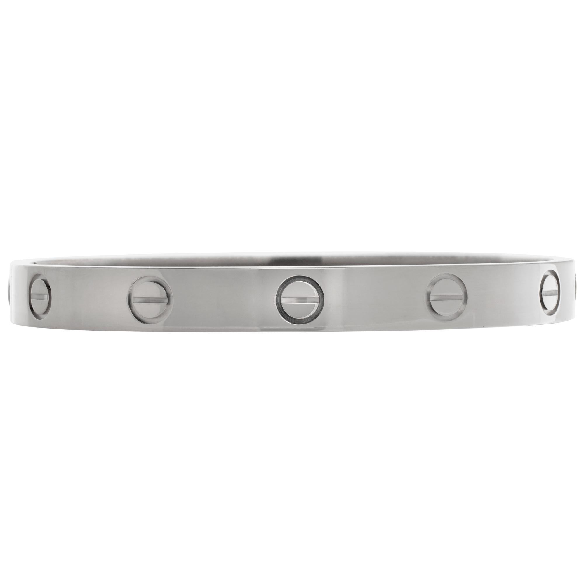 Cartier Love bracelet 18k white gold. Size 16. Comes with Cartier box and Cartier service papers dated September, 2023. Ref. B6067617