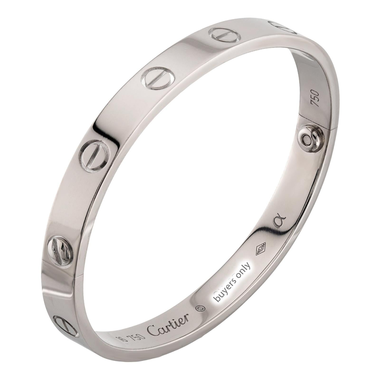 CARTIER Love 18k White Gold Bracelet Size 16 In Excellent Condition For Sale In New York, NY