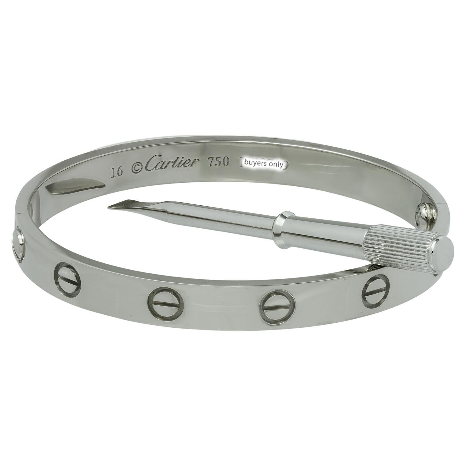 CARTIER LOVE 18k White Gold Bracelet Size 16 Pouch Receipt In Excellent Condition For Sale In New York, NY