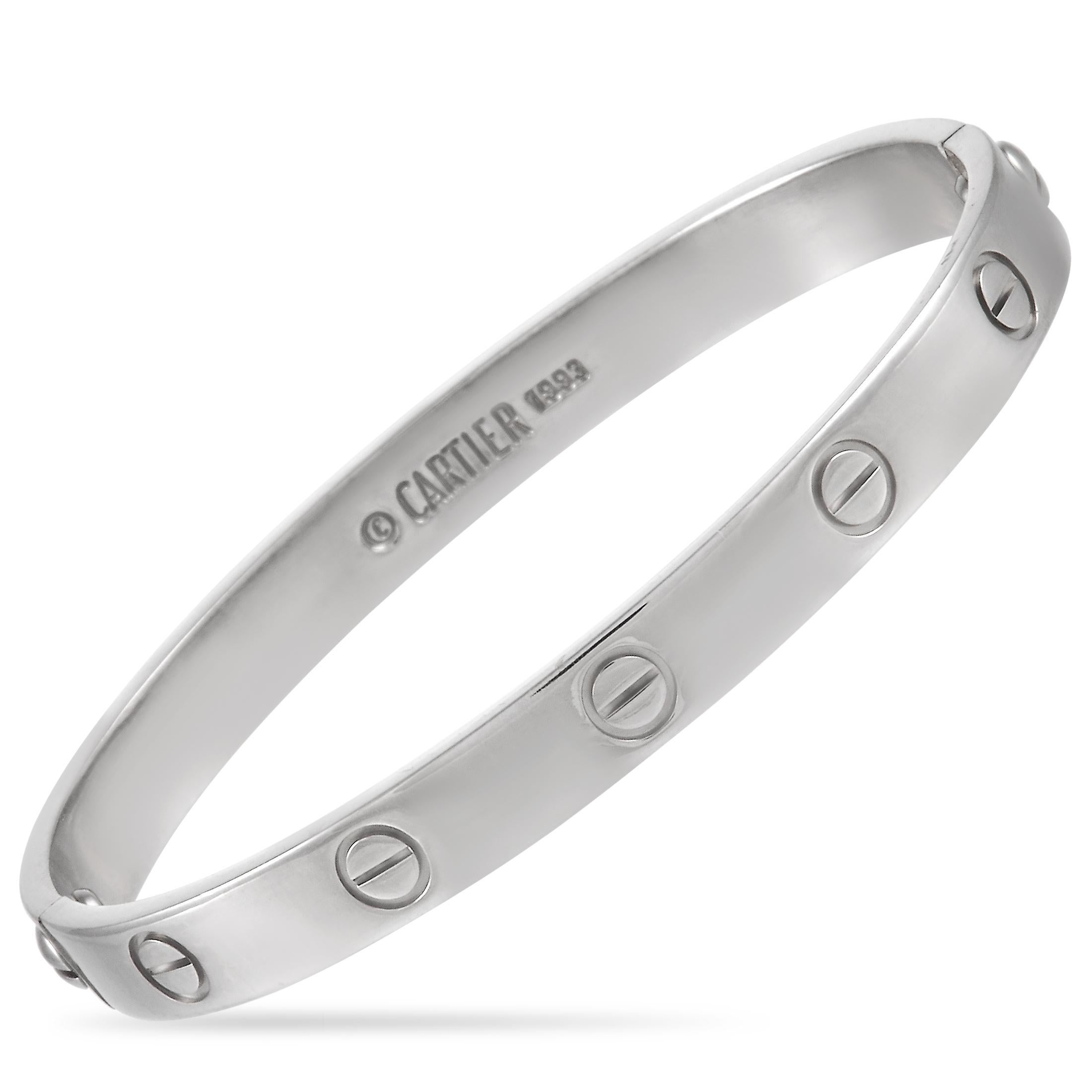 Nothing exudes luxury quite like an iconic Cartier Love Bracelet. This effortless, minimalist accent piece is made from 18K White Gold and features the brand’s signature screw accents. 

This jewelry piece is offered in estate condition and includes