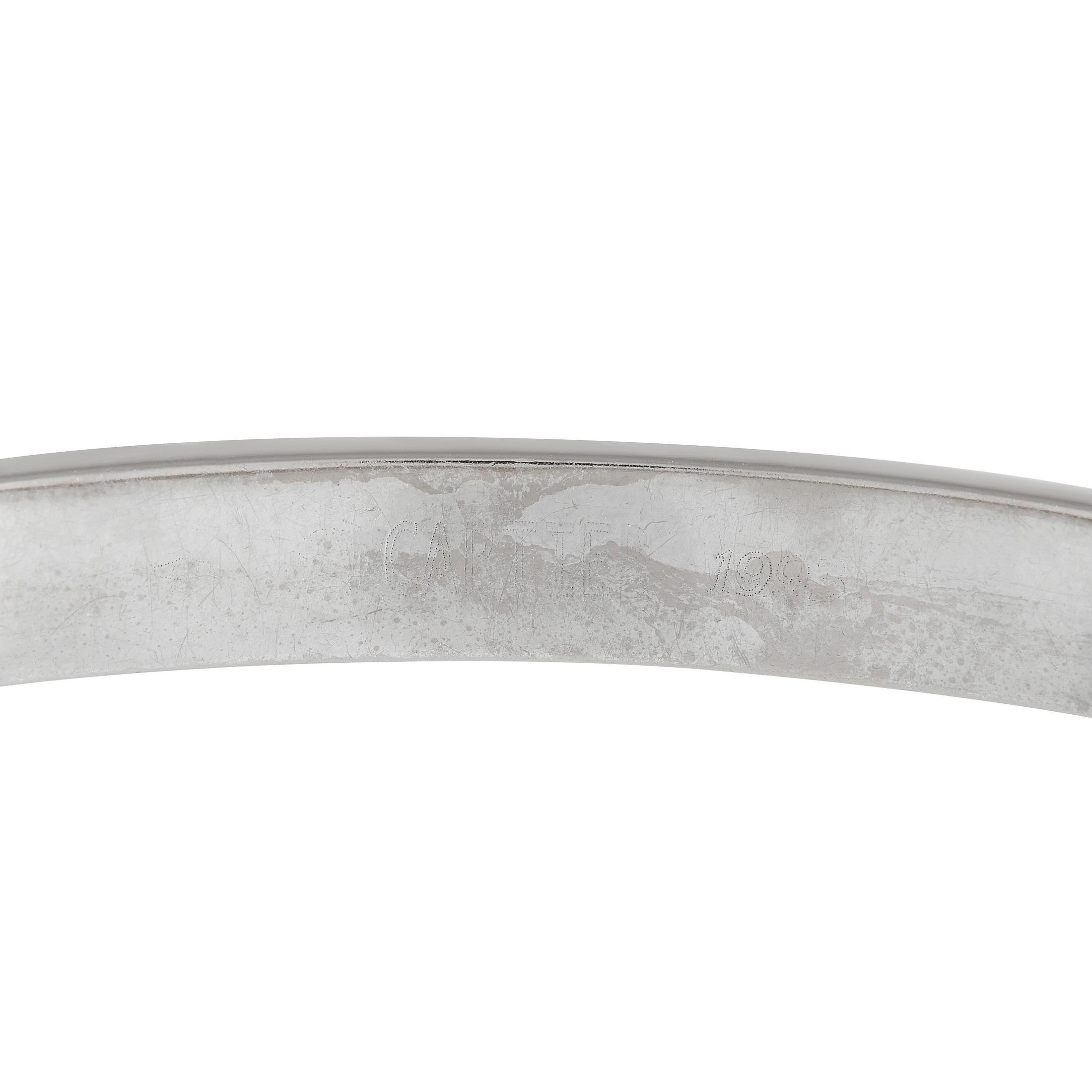 This iconic Cartier LOVE bracelet is a timeless luxury piece that will never go out of style. Crafted from 18K White Gold, this stylish accessory is a Size 19 and measures 7.5” long. 