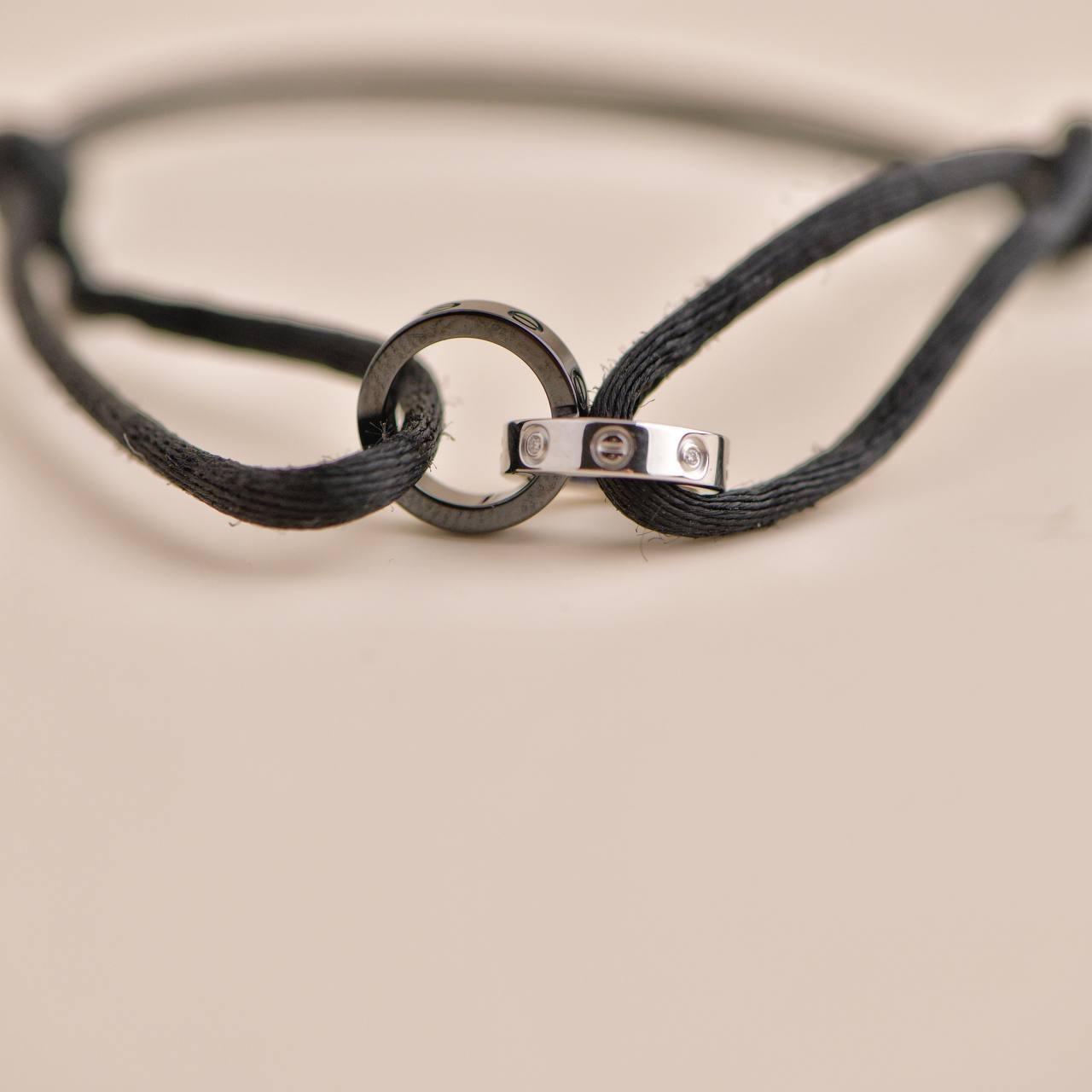 Cartier Love 18K White Gold Ceramic 4 Diamonds Black Silk Cord Bracelet In Excellent Condition In Banbury, GB