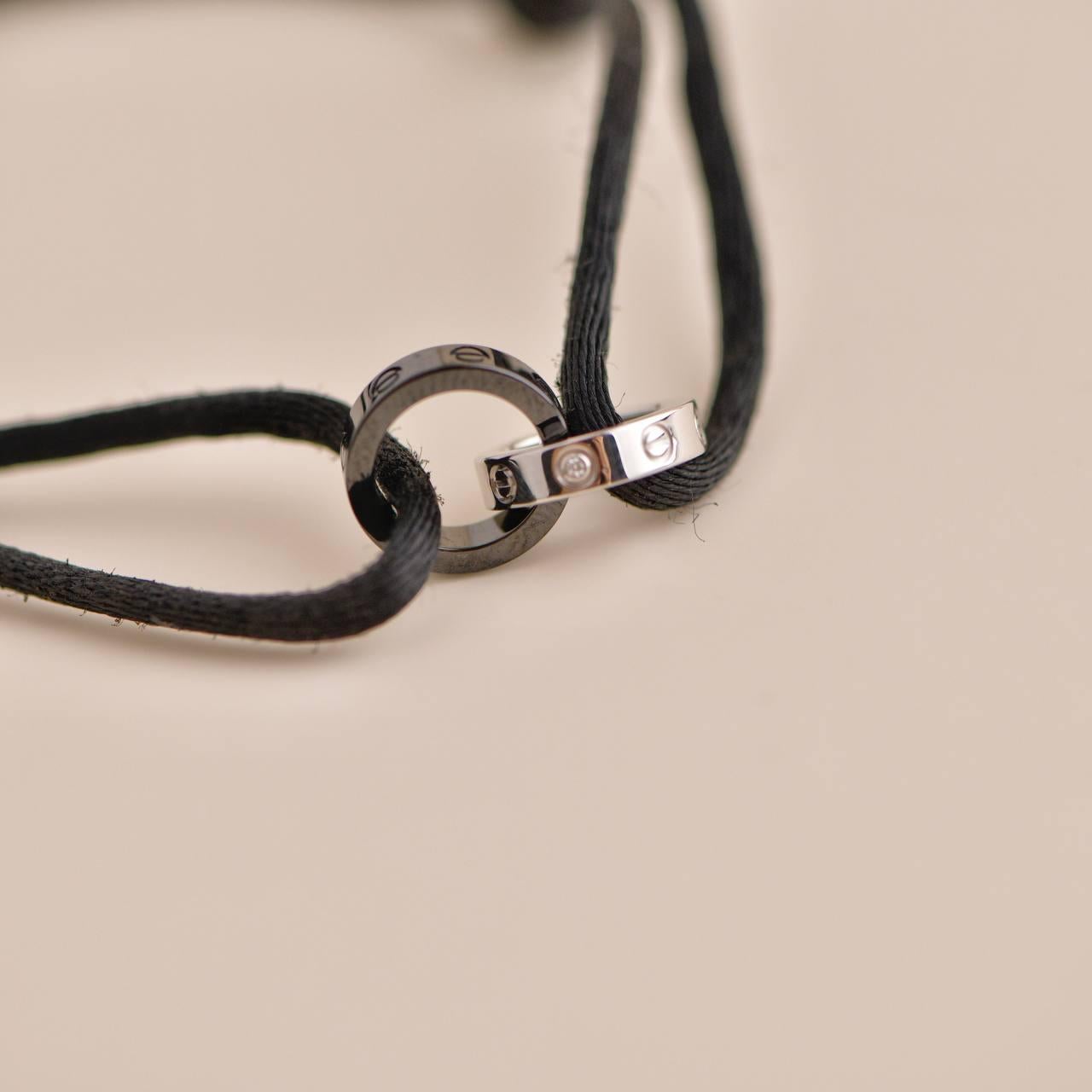 Women's or Men's Cartier Love 18K White Gold Ceramic 4 Diamonds Black Silk Cord Bracelet