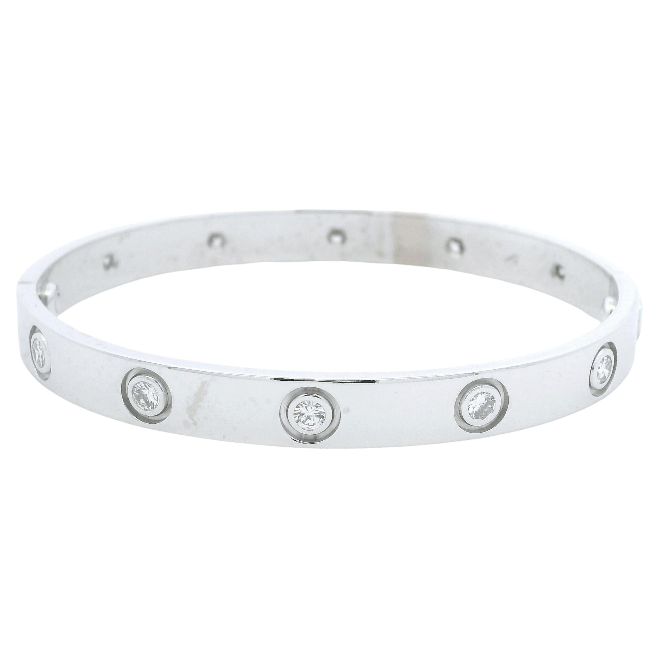Cartier LOVE 18k White Gold Classic Model 10 Diamond Size 16 Bangle Bracelet