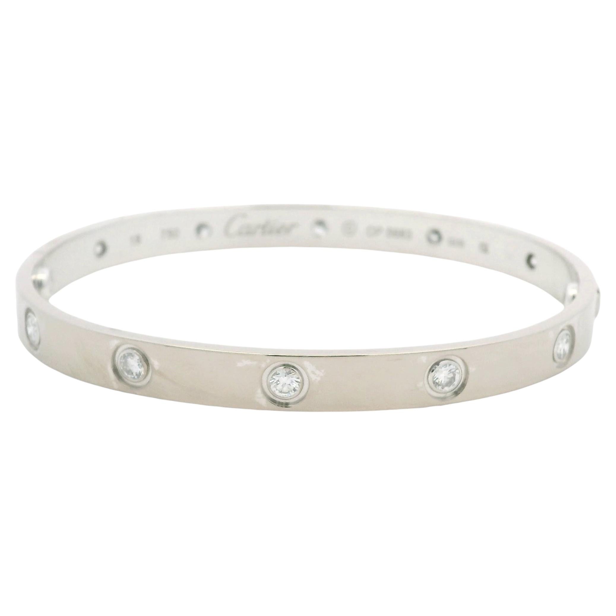 Cartier LOVE 18k White Gold Classic Model 10 Diamond Size 18 Bangle Bracelet For Sale